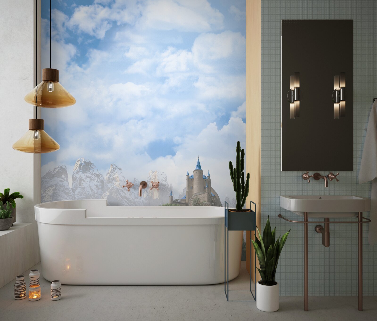 Fototapeta vodopády a v diaľke viditeľný hrad