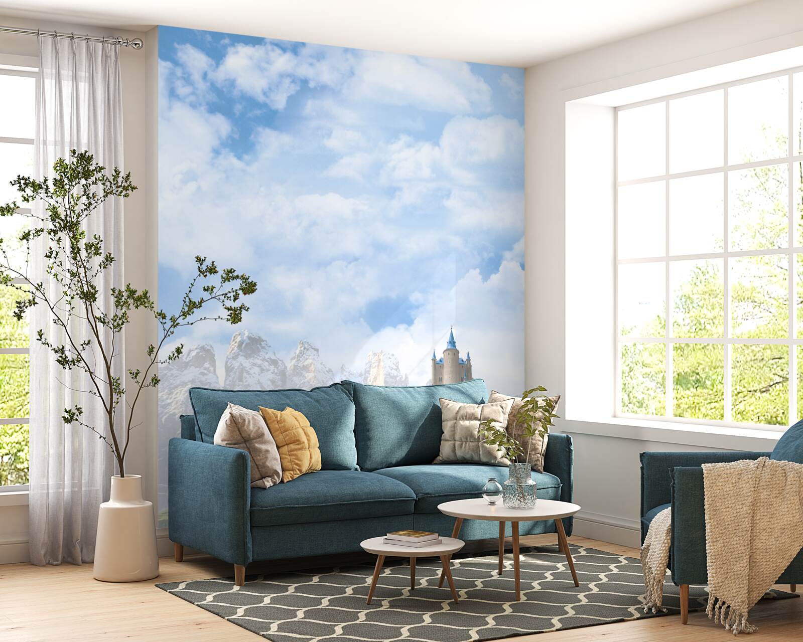 Fototapeta vodopády a v diaľke viditeľný hrad