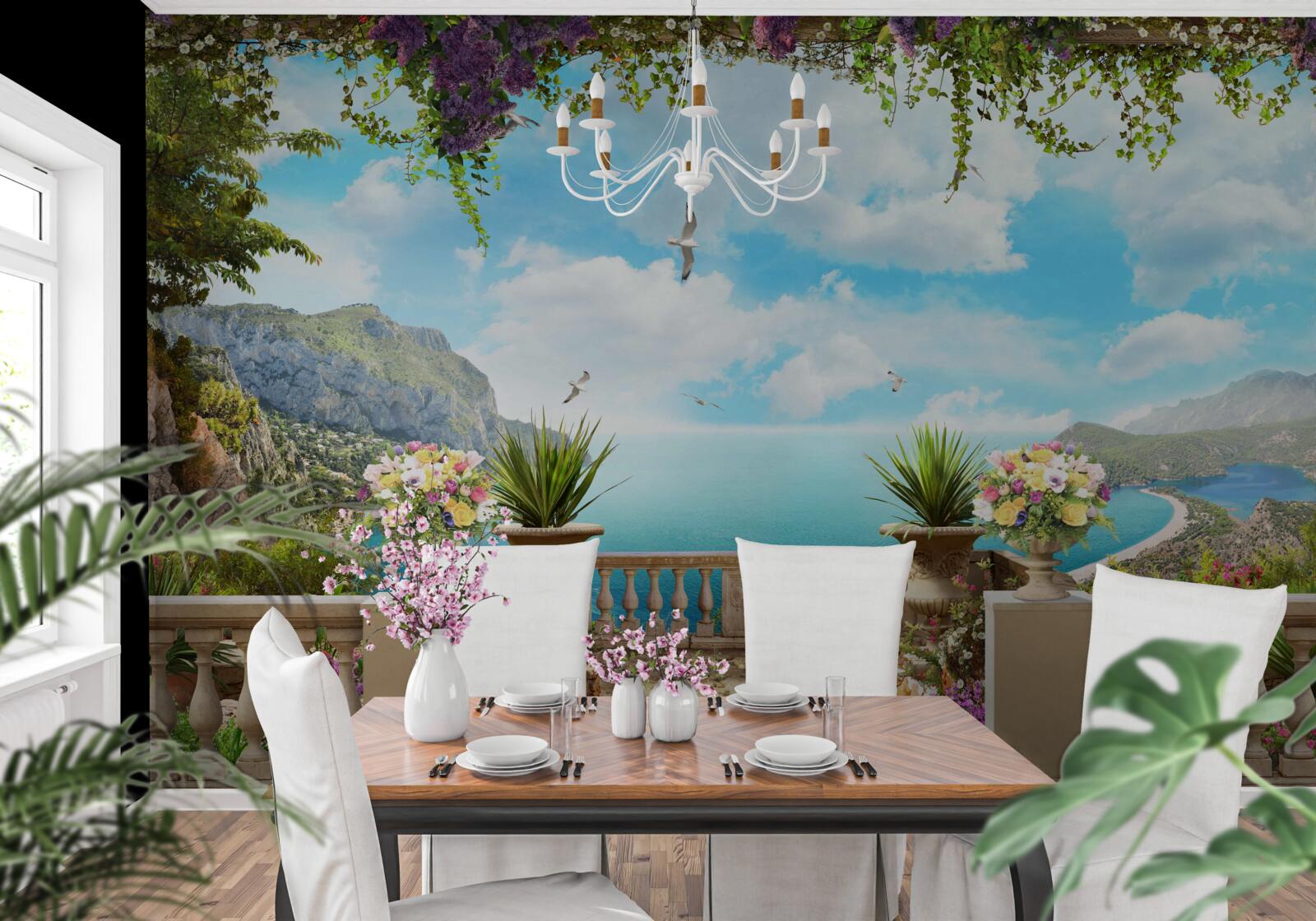 Fototapeta panoramatický výhľad na more a zelené plochy z balkóna