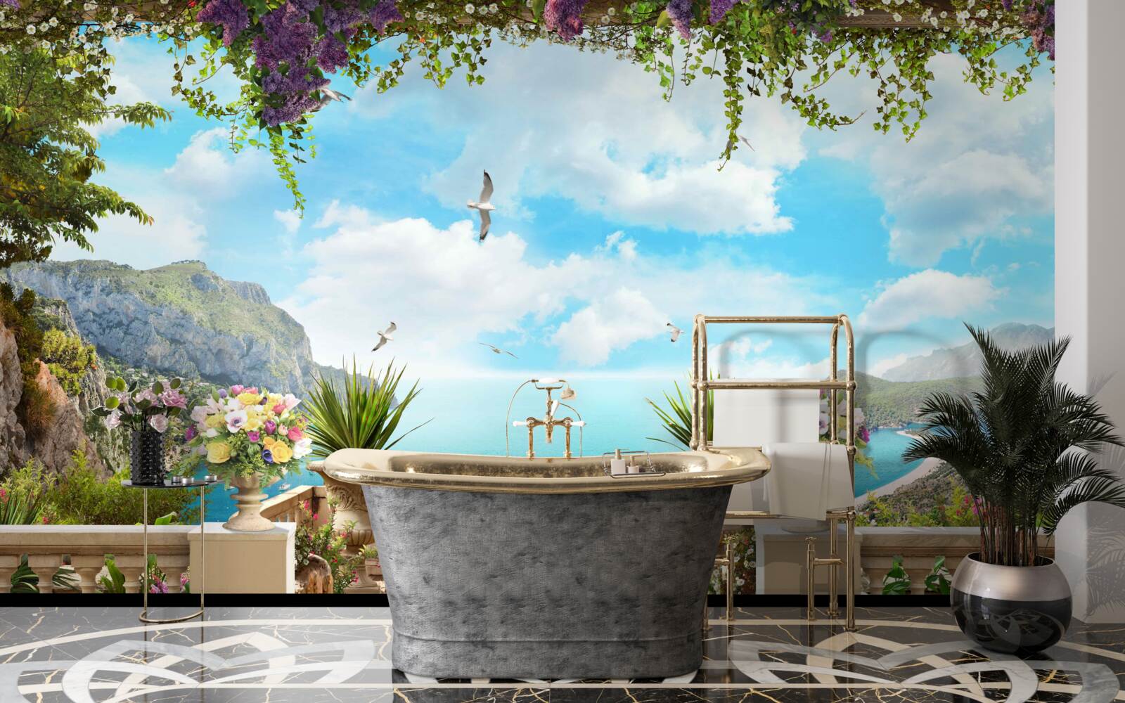 Fototapeta panoramatický výhľad na more a zelené plochy z balkóna