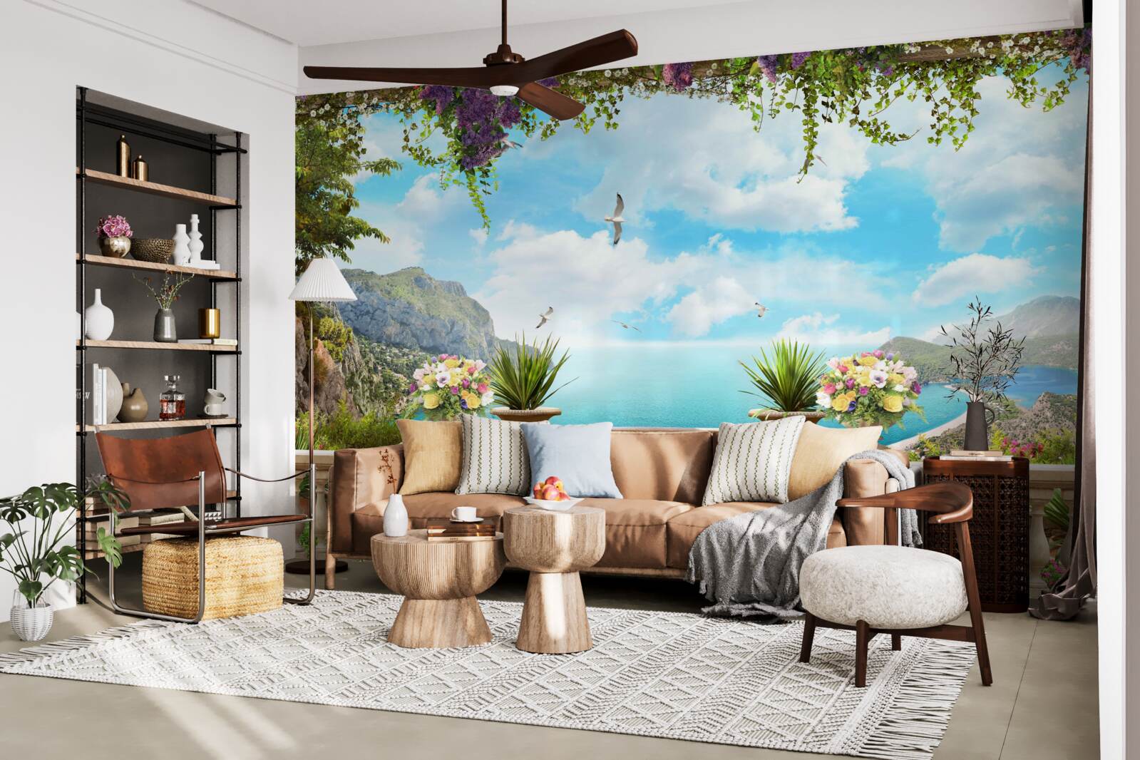 Fototapeta panoramatický výhľad na more a zelené plochy z balkóna