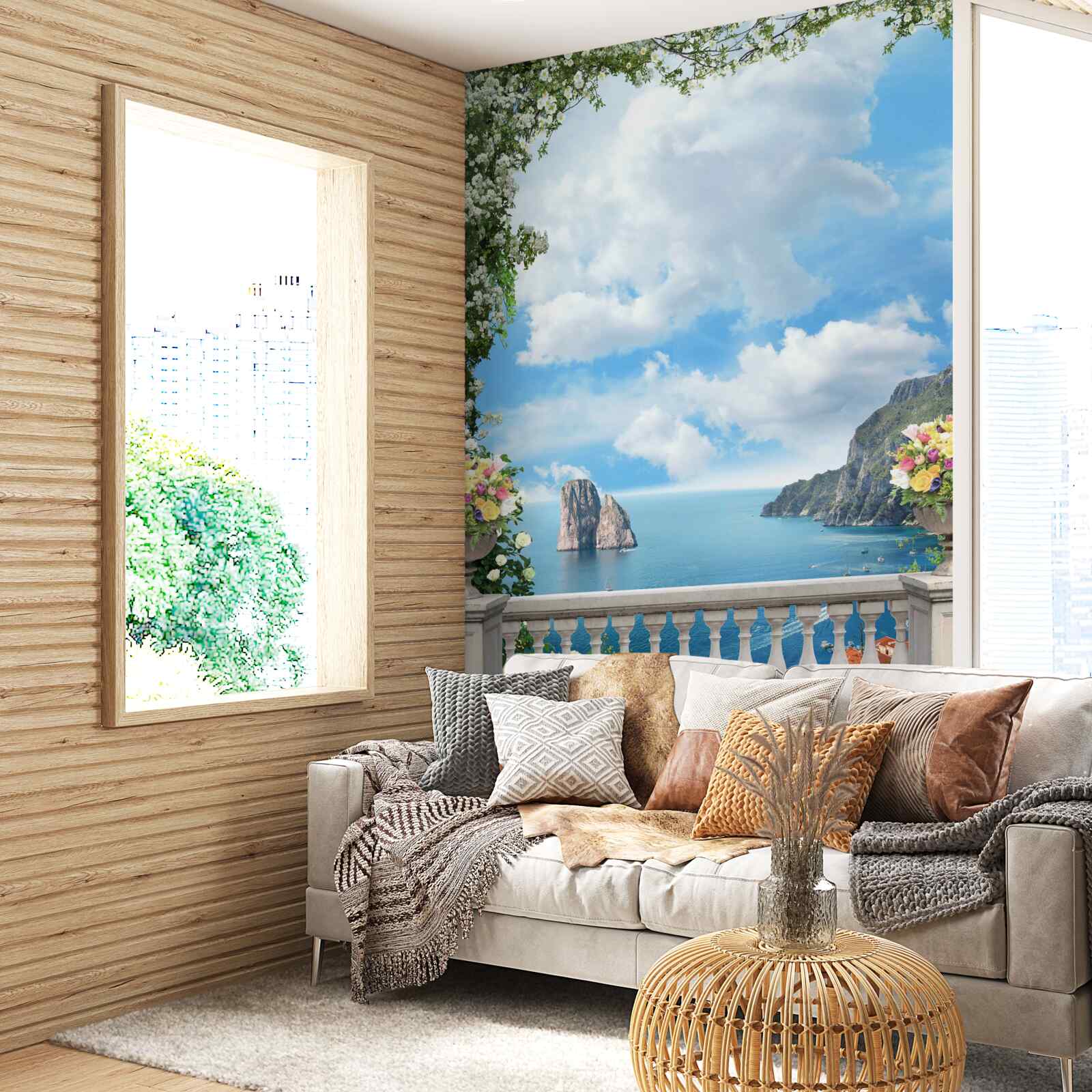 Fototapeta panoramatický výhľad na more a skaly z malebného balkóna