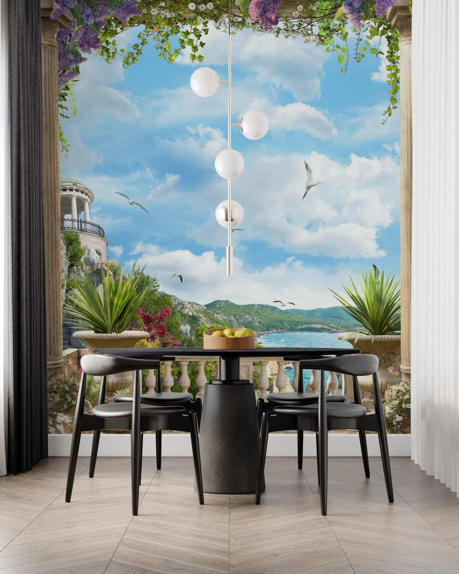 Fototapeta kvetinový oblúk s výhľadom na pobrežie mora