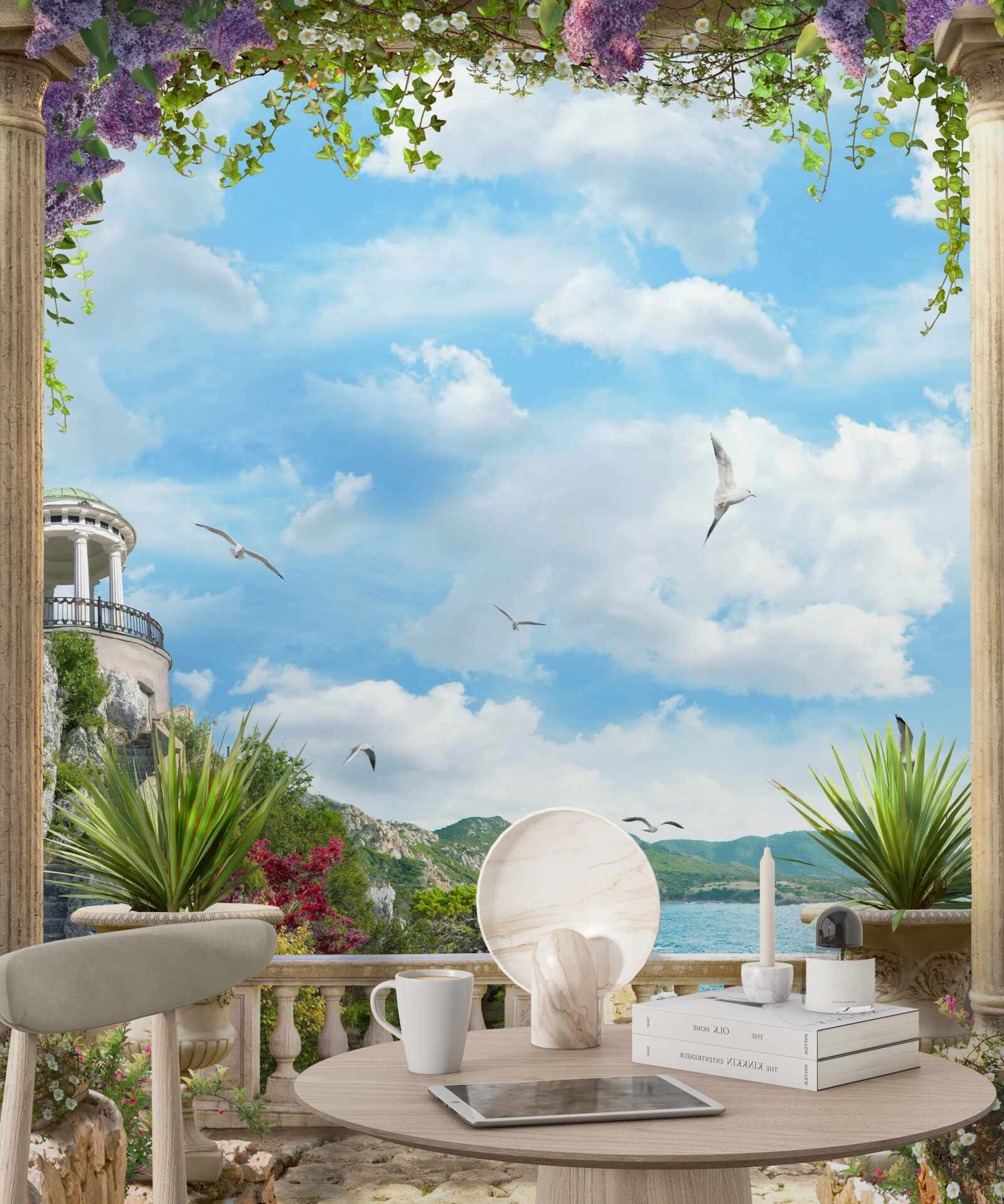 Fototapeta kvetinový oblúk s výhľadom na pobrežie mora