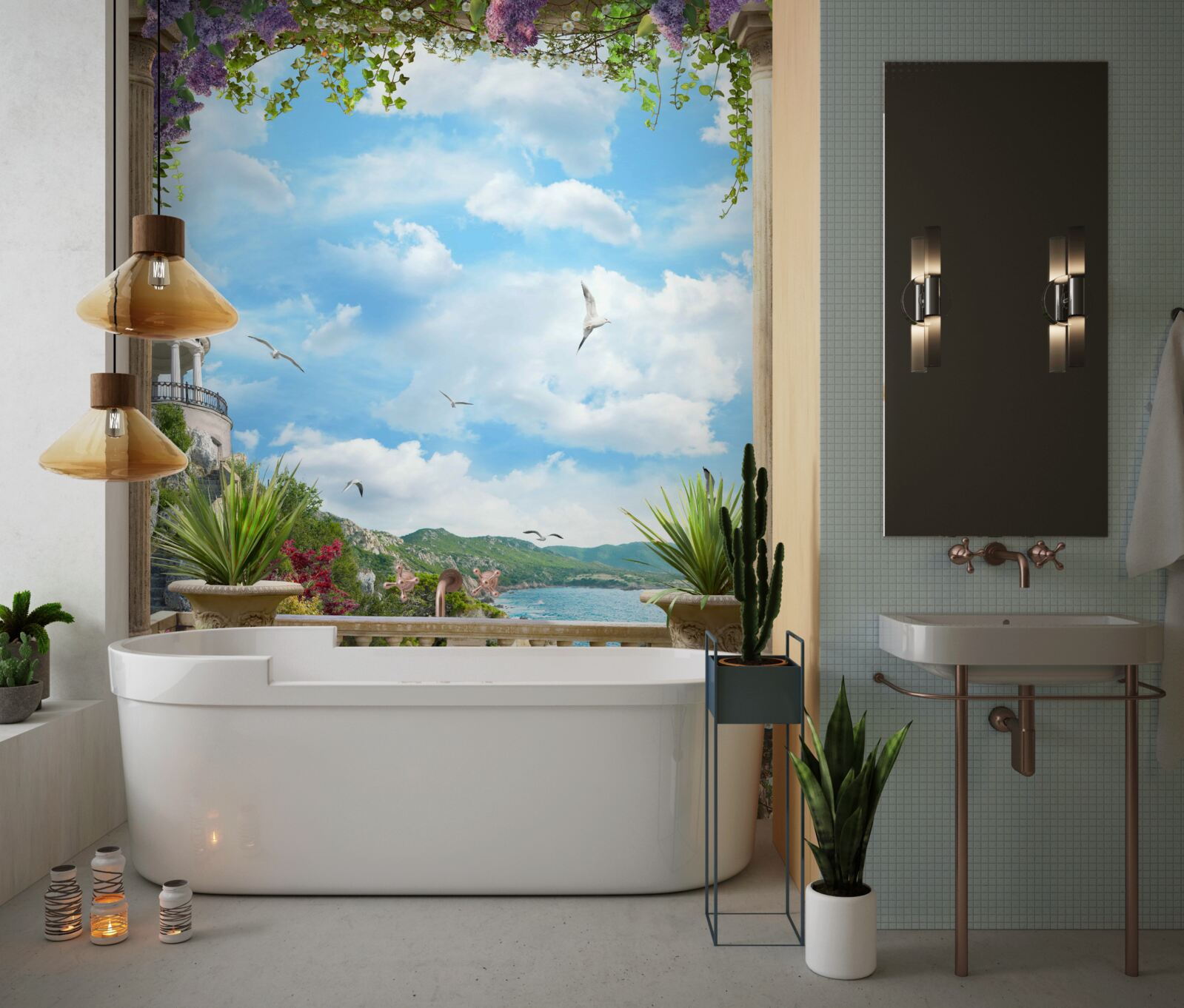 Fototapeta kvetinový oblúk s výhľadom na pobrežie mora