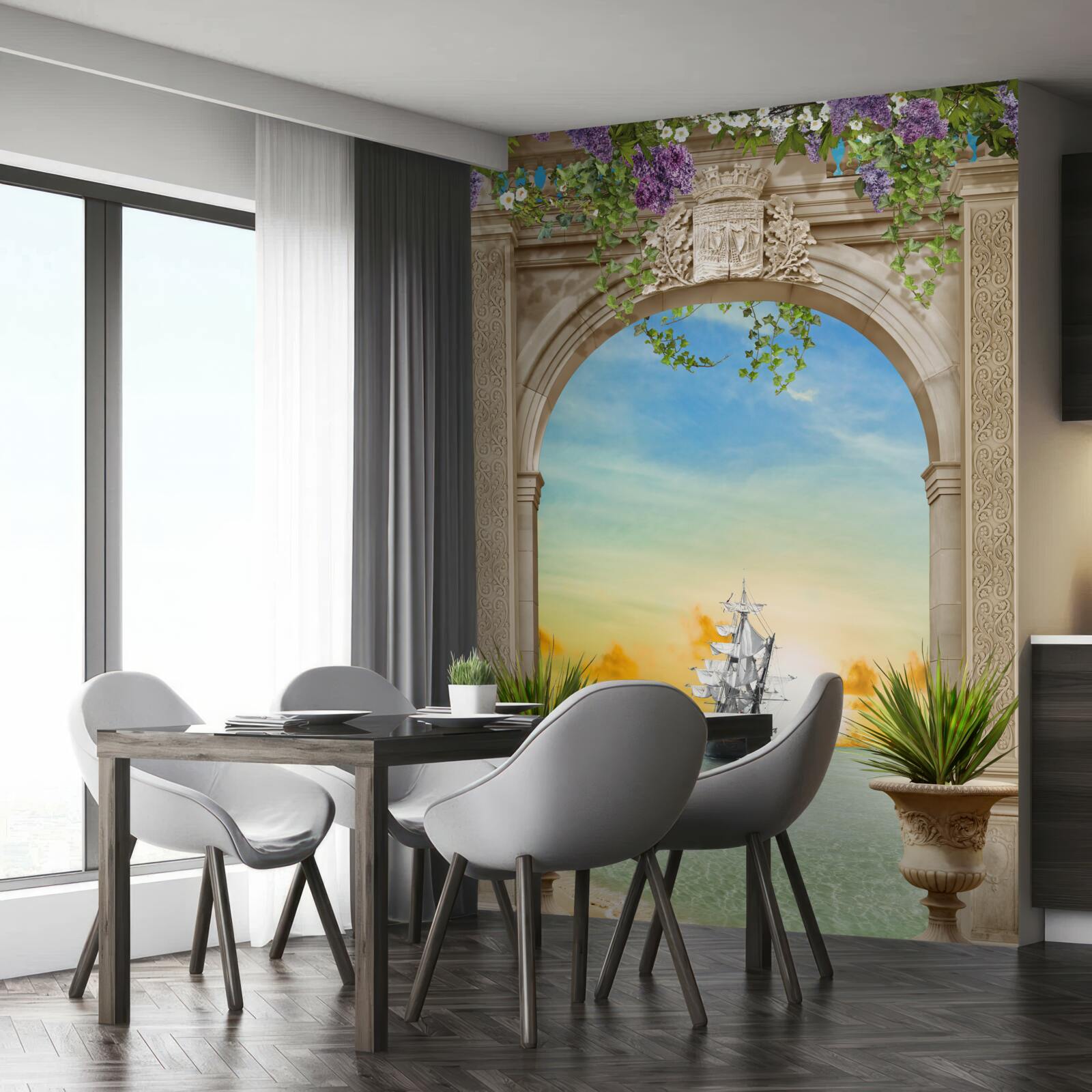 Fototapeta oblúková prímorská krajina s prechádzajúcou loďou