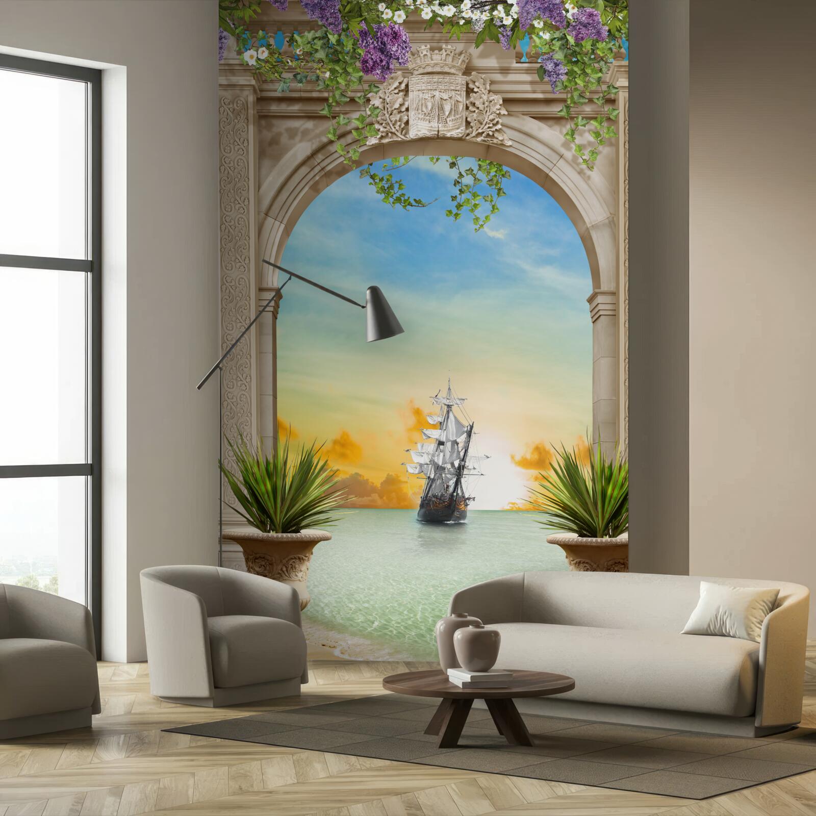 Fototapeta oblúková prímorská krajina s prechádzajúcou loďou