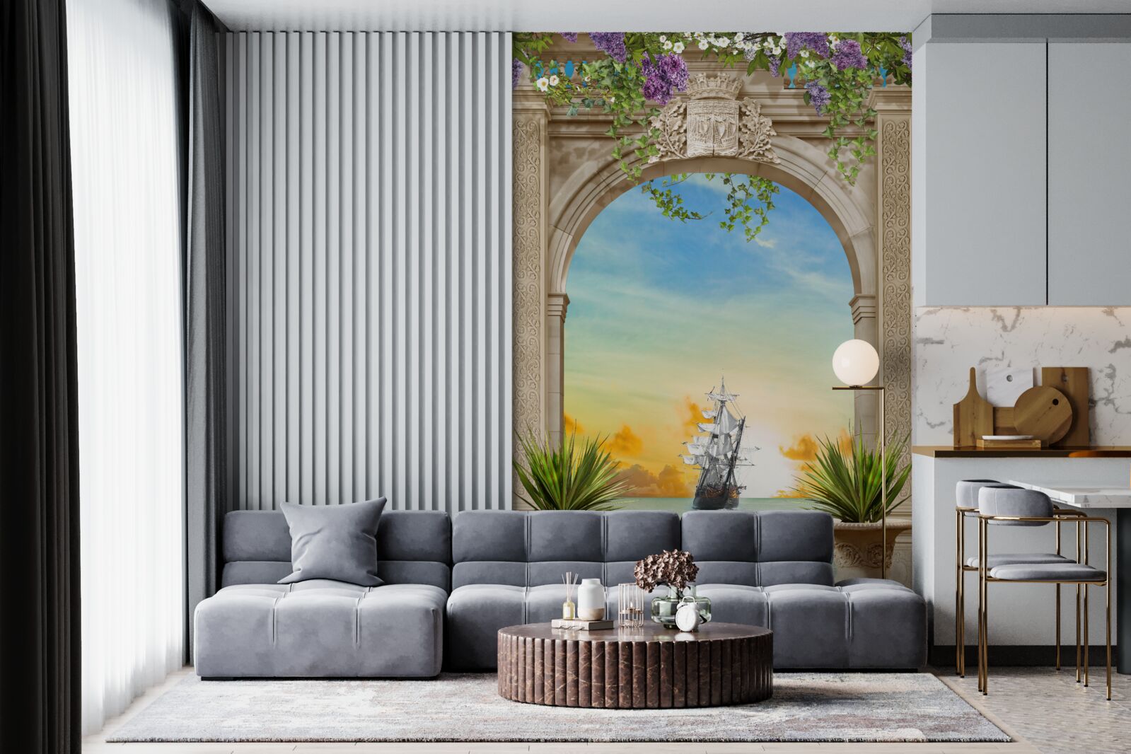 Fototapeta oblúková prímorská krajina s prechádzajúcou loďou