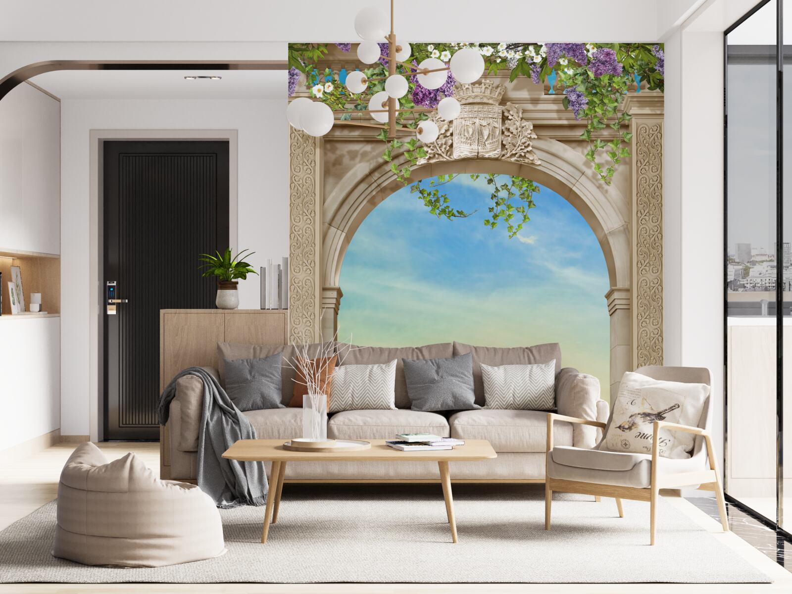 Fototapeta oblúková prímorská krajina s prechádzajúcou loďou