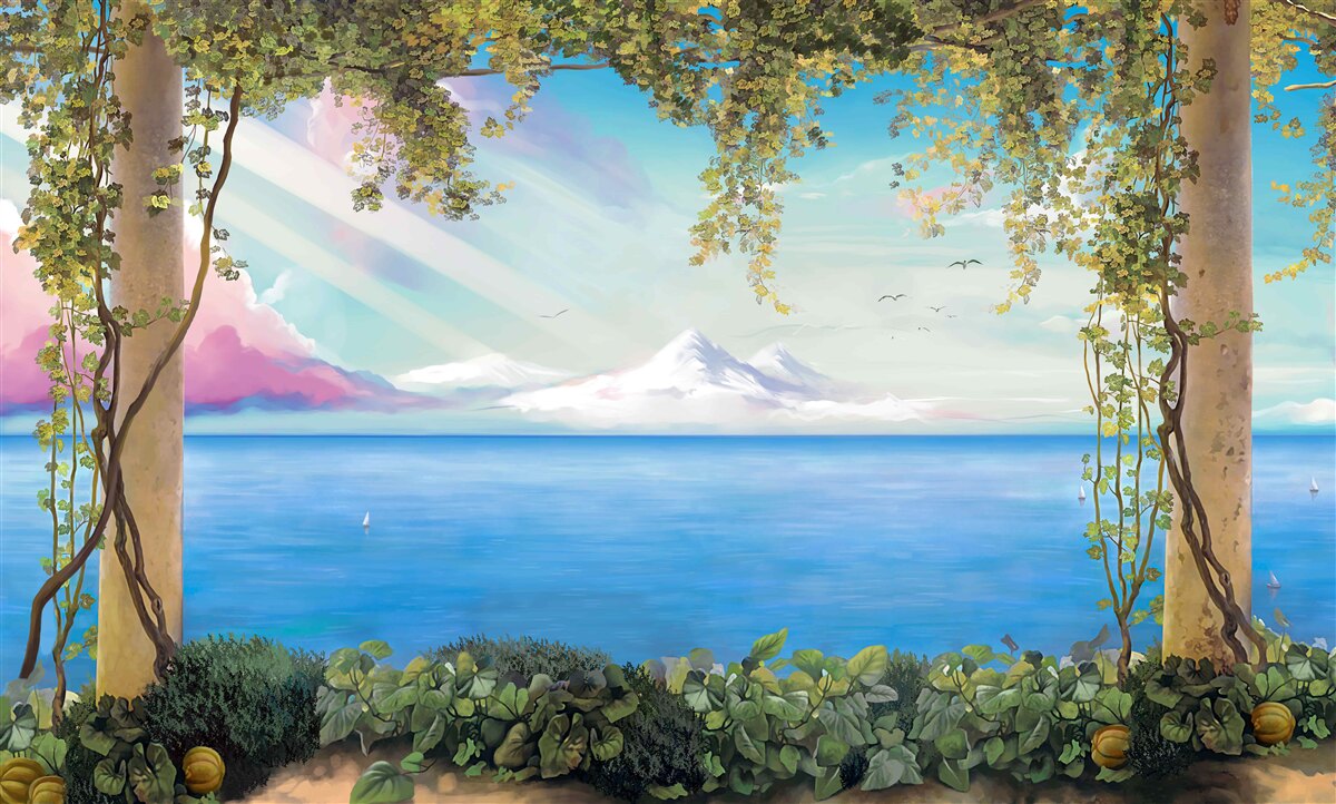 Fototapeta krajina s morom a vzdialenými horami