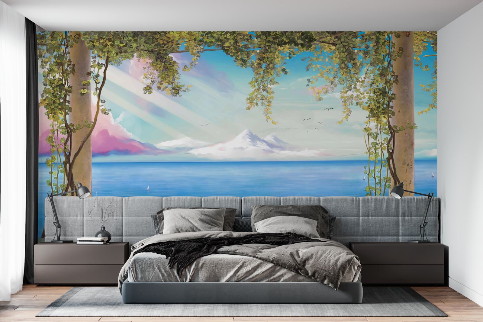 Fototapeta krajina s morom a vzdialenými horami