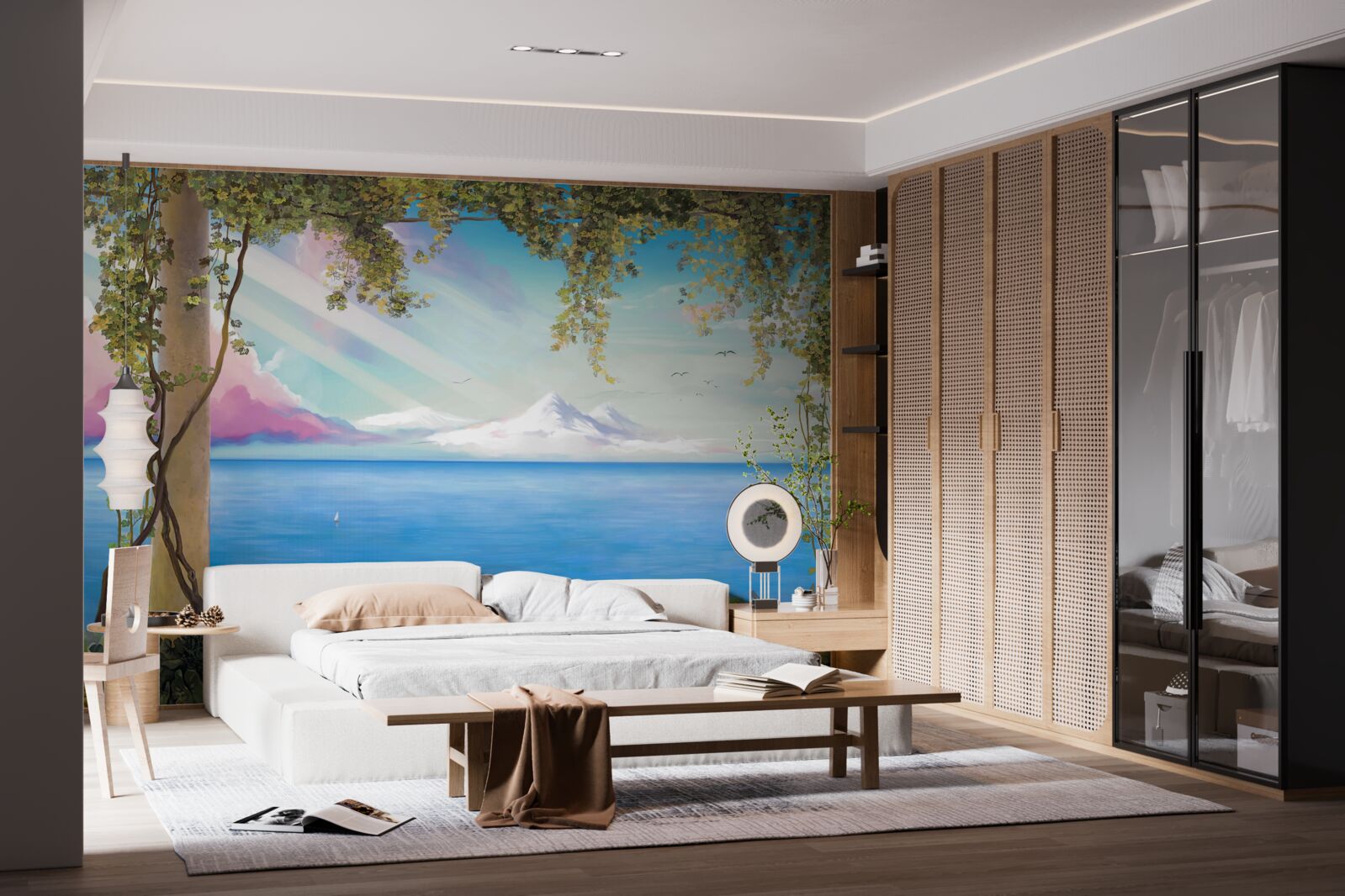 Fototapeta krajina s morom a vzdialenými horami