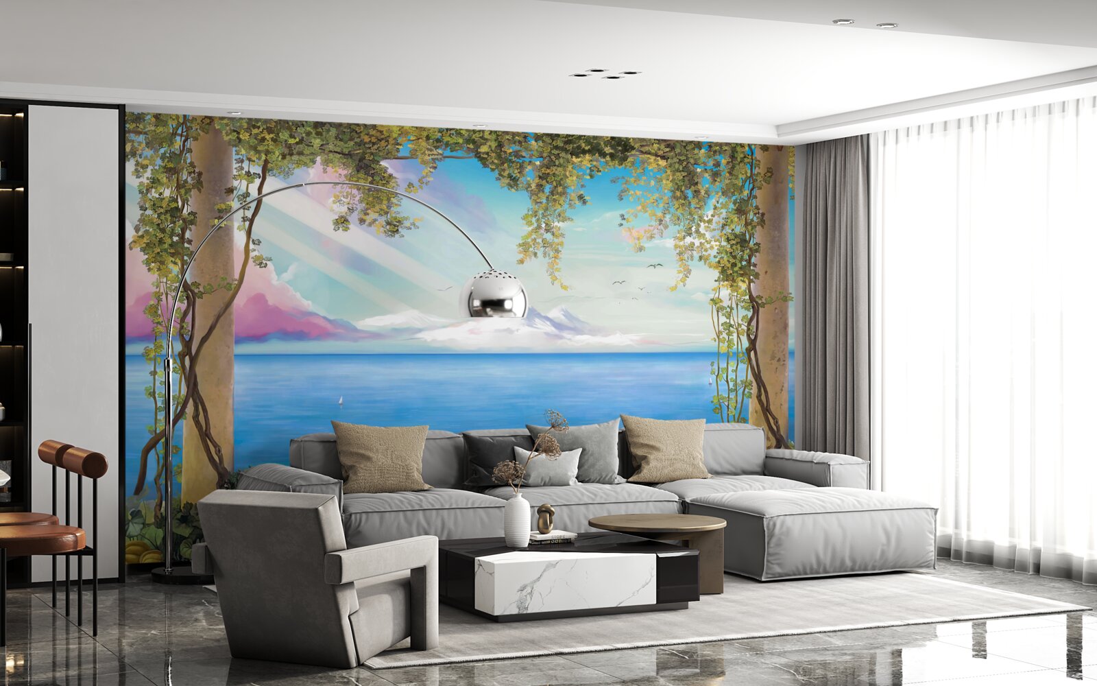 Fototapeta krajina s morom a vzdialenými horami