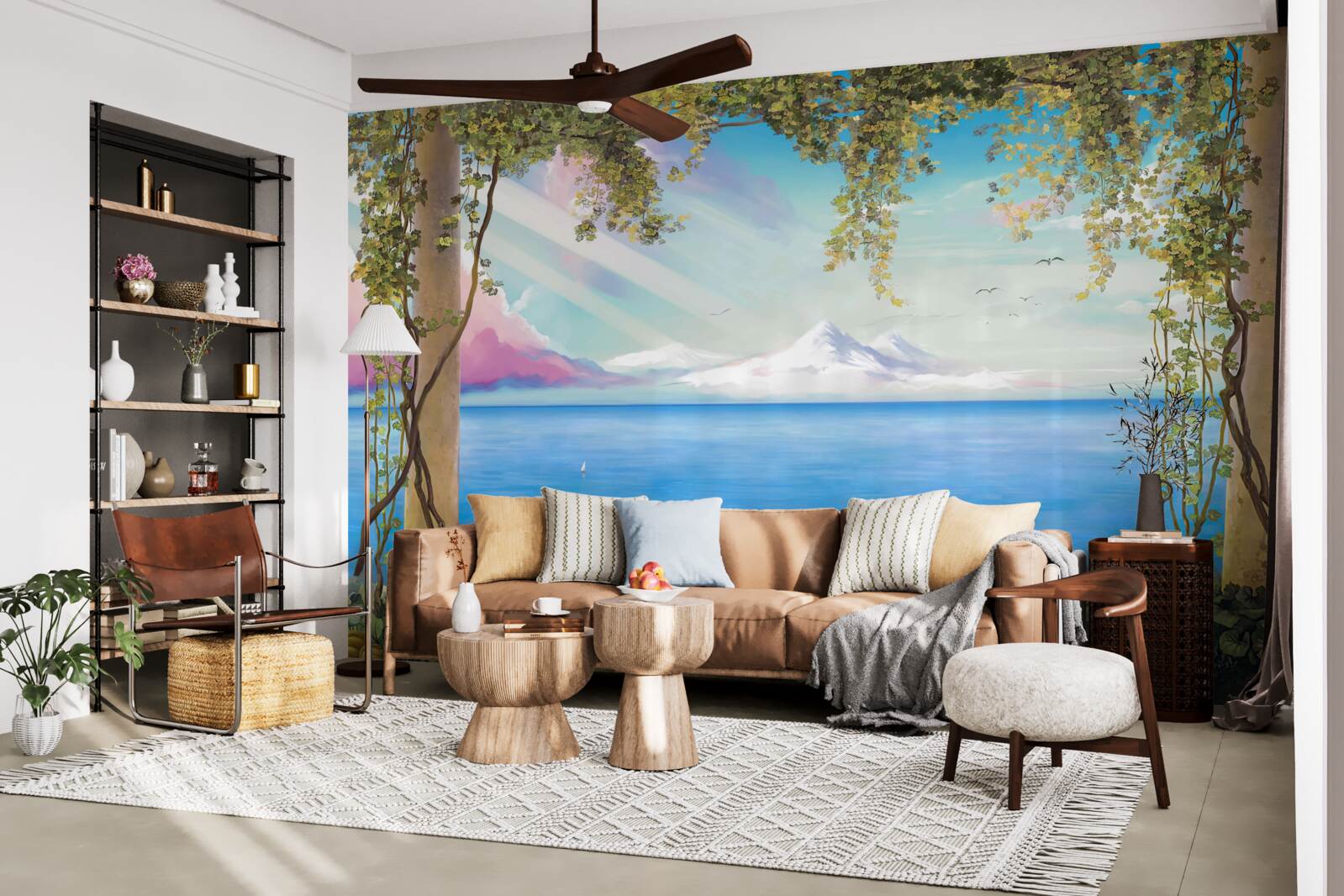 Fototapeta krajina s morom a vzdialenými horami