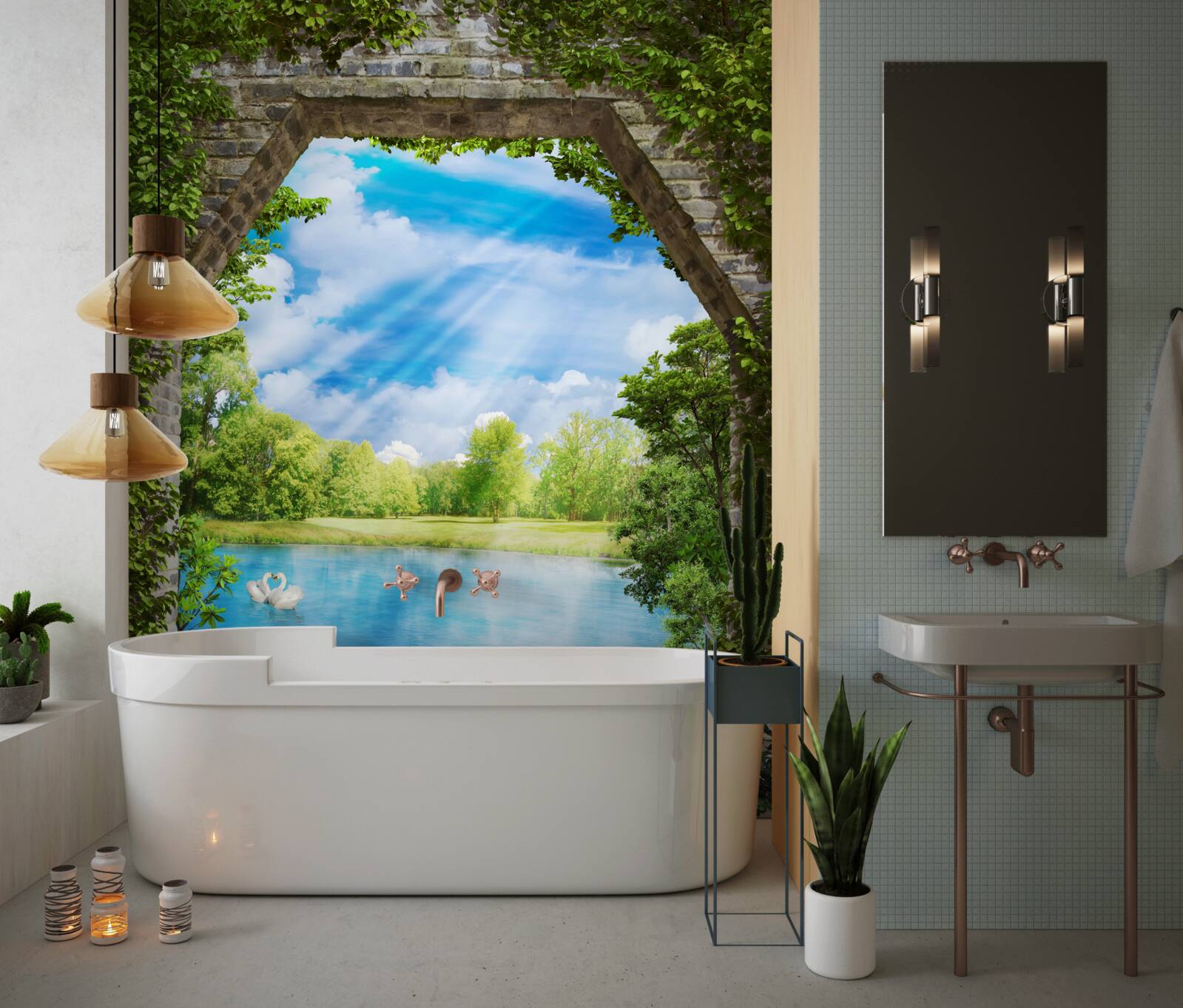 Fototapeta labute s bielym perím plávajú na jazere