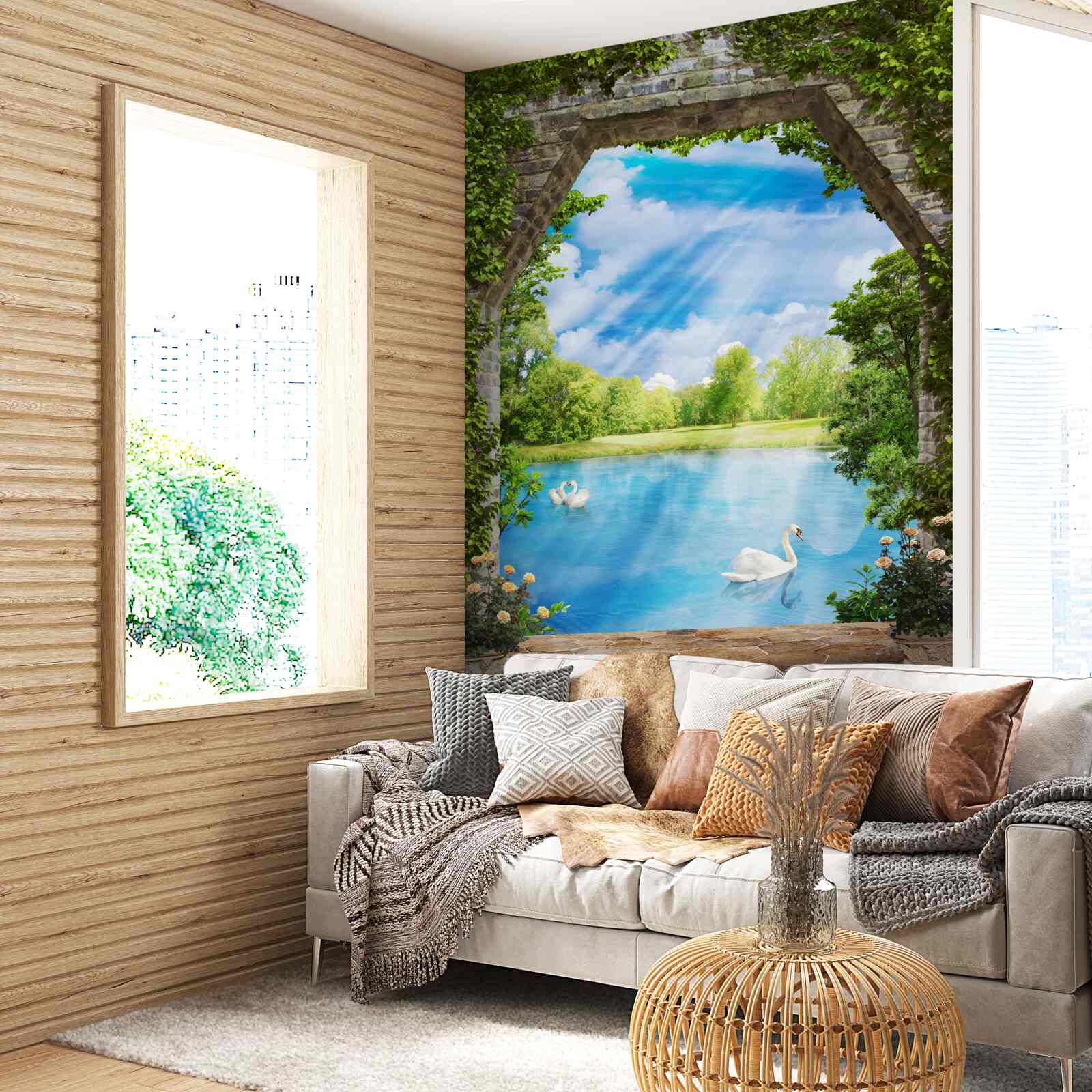 Fototapeta labute s bielym perím plávajú na jazere