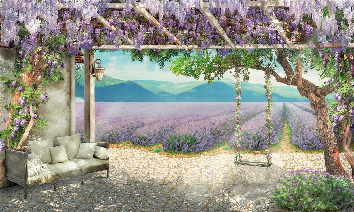 Fototapeta vedľa levanduľového poľa je hojdačka