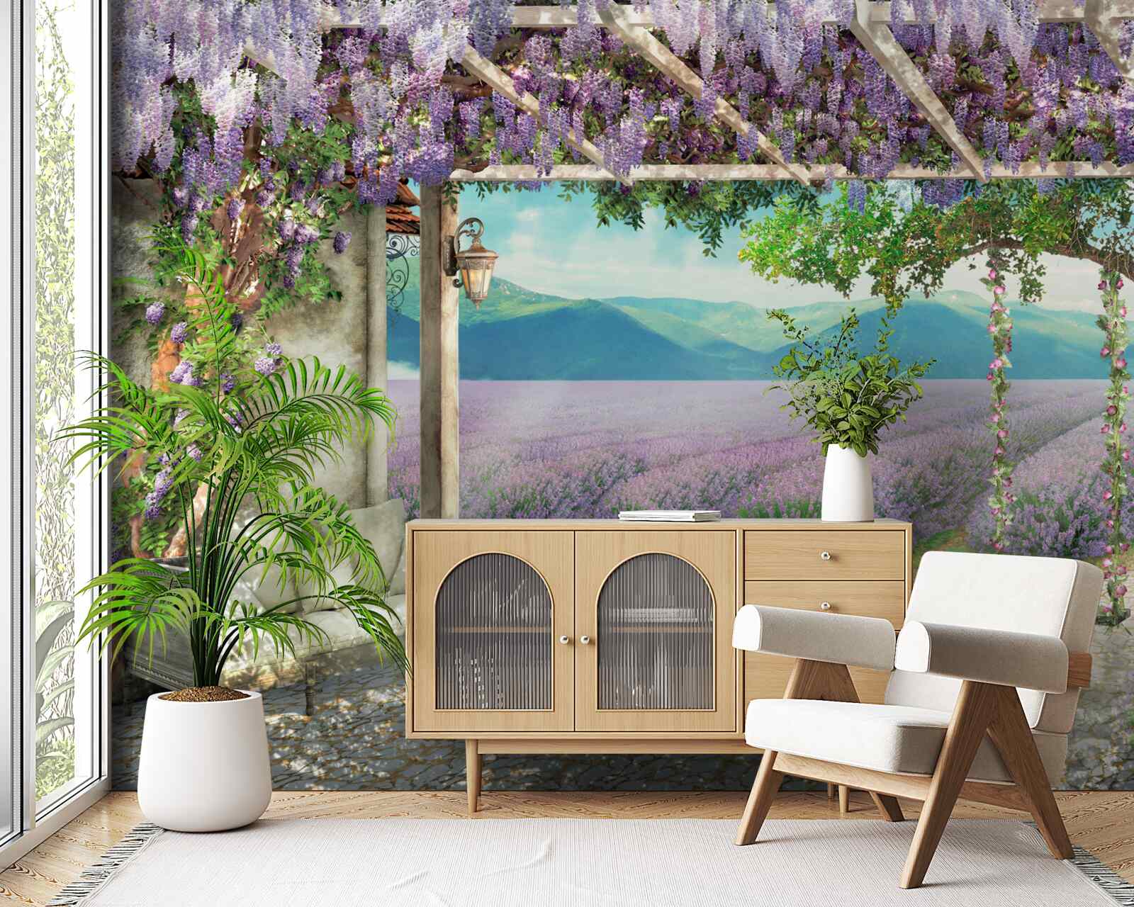 Fototapeta vedľa levanduľového poľa je hojdačka