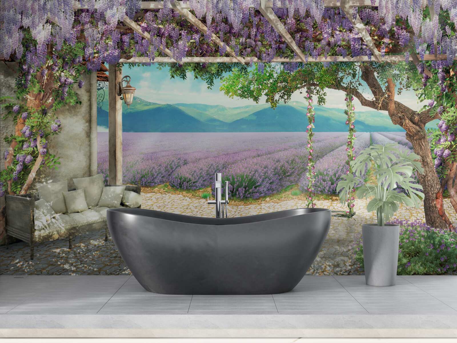 Fototapeta vedľa levanduľového poľa je hojdačka