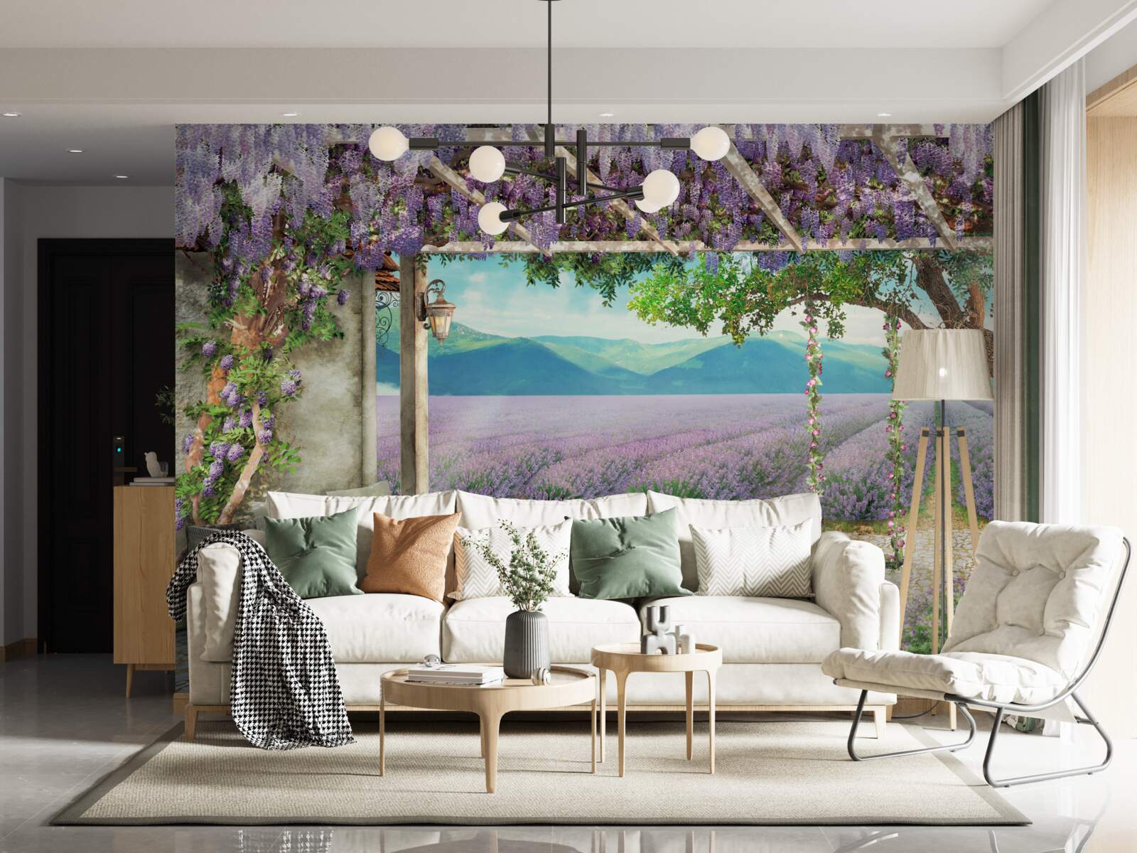 Fototapeta vedľa levanduľového poľa je hojdačka