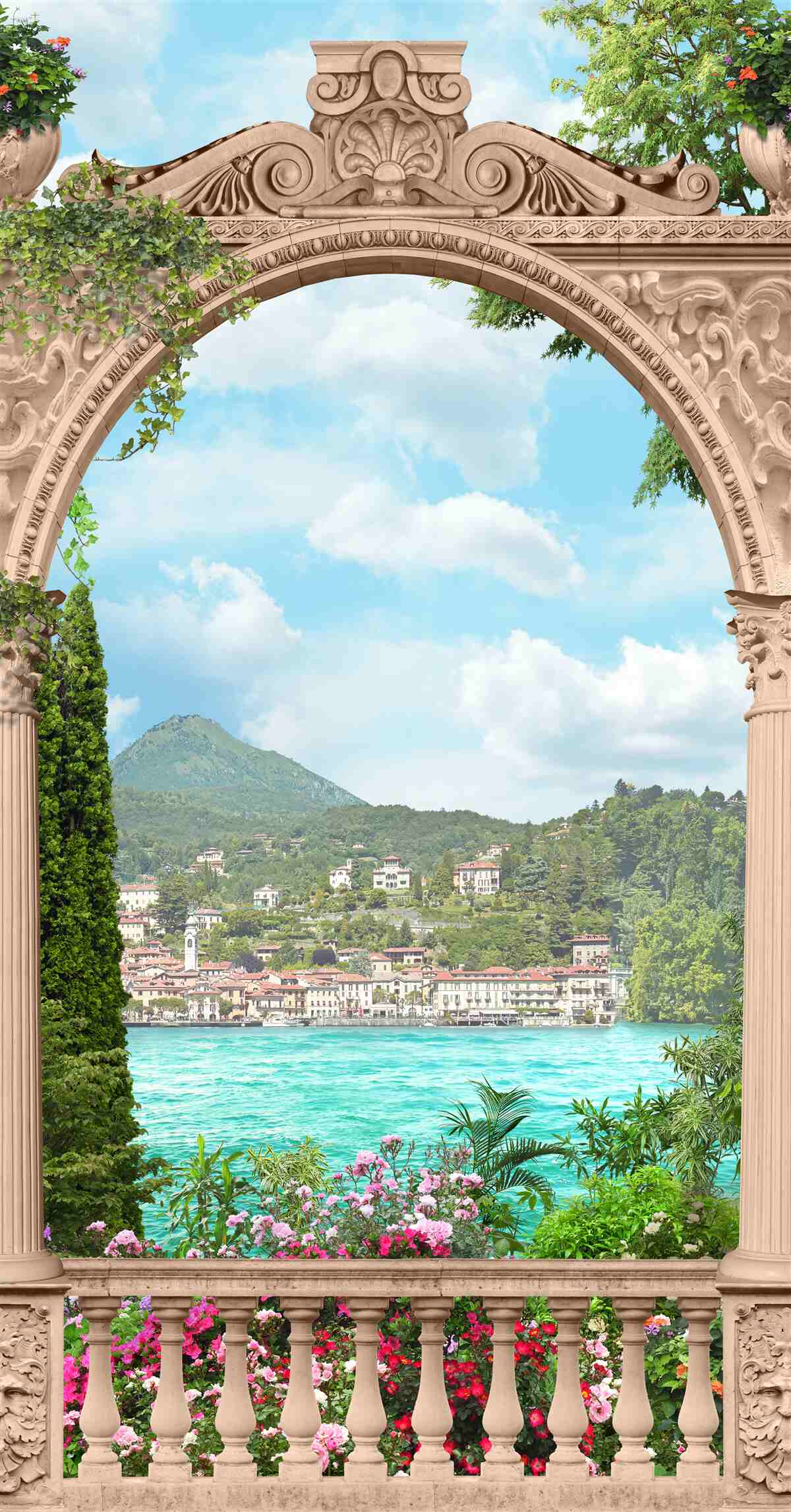 Fototapeta loggia s klenutými dverami a krásnou krajinou