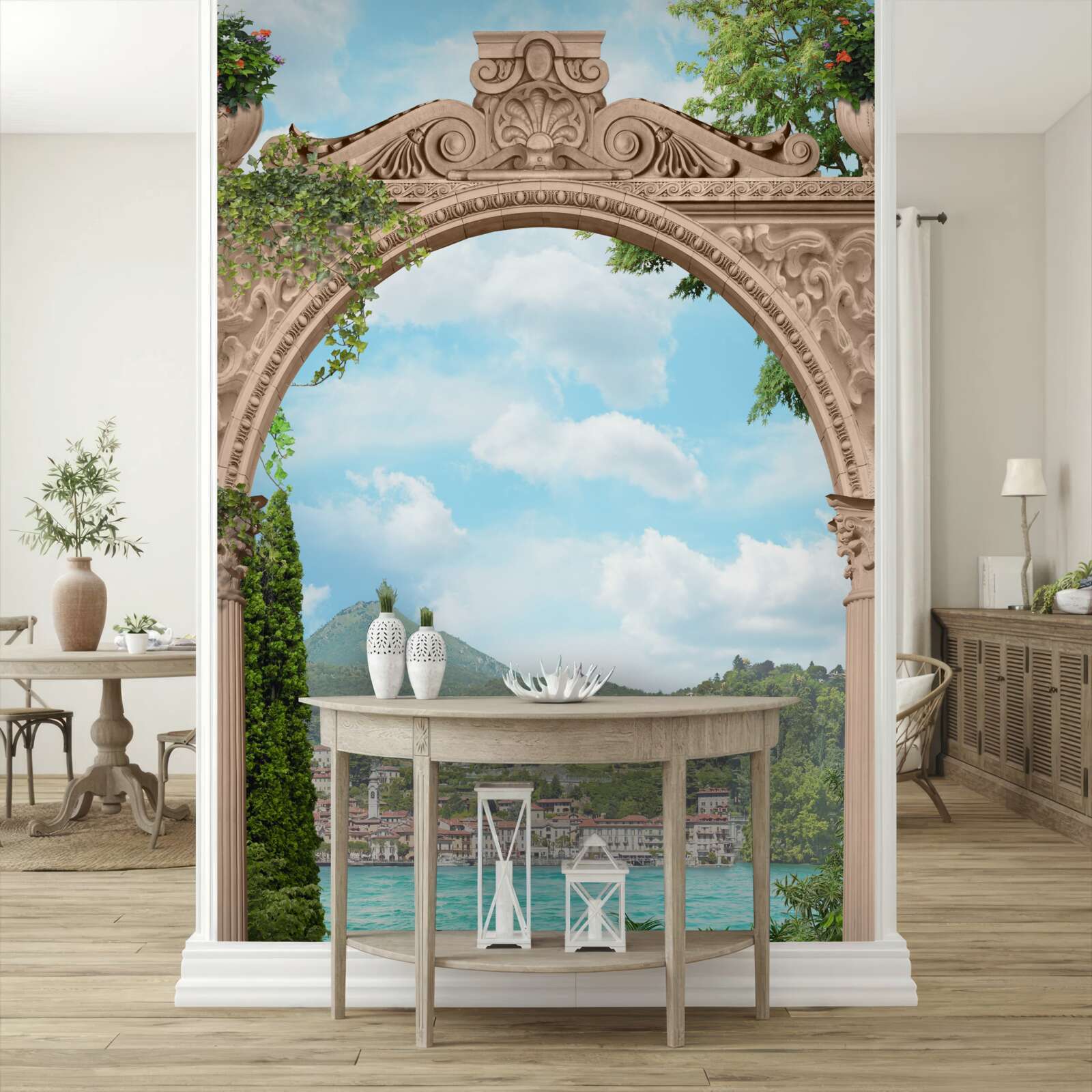 Fototapeta loggia s klenutými dverami a krásnou krajinou