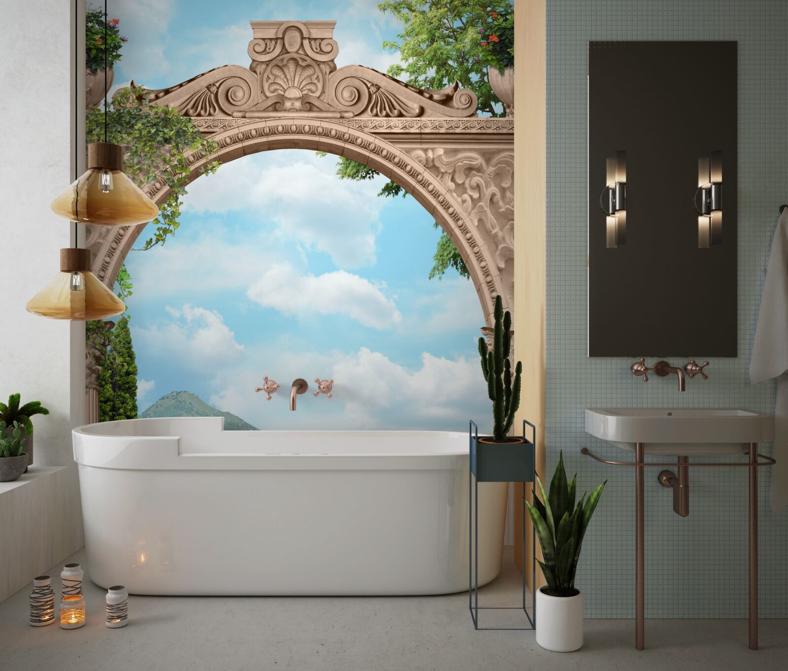 Fototapeta loggia s klenutými dverami a krásnou krajinou