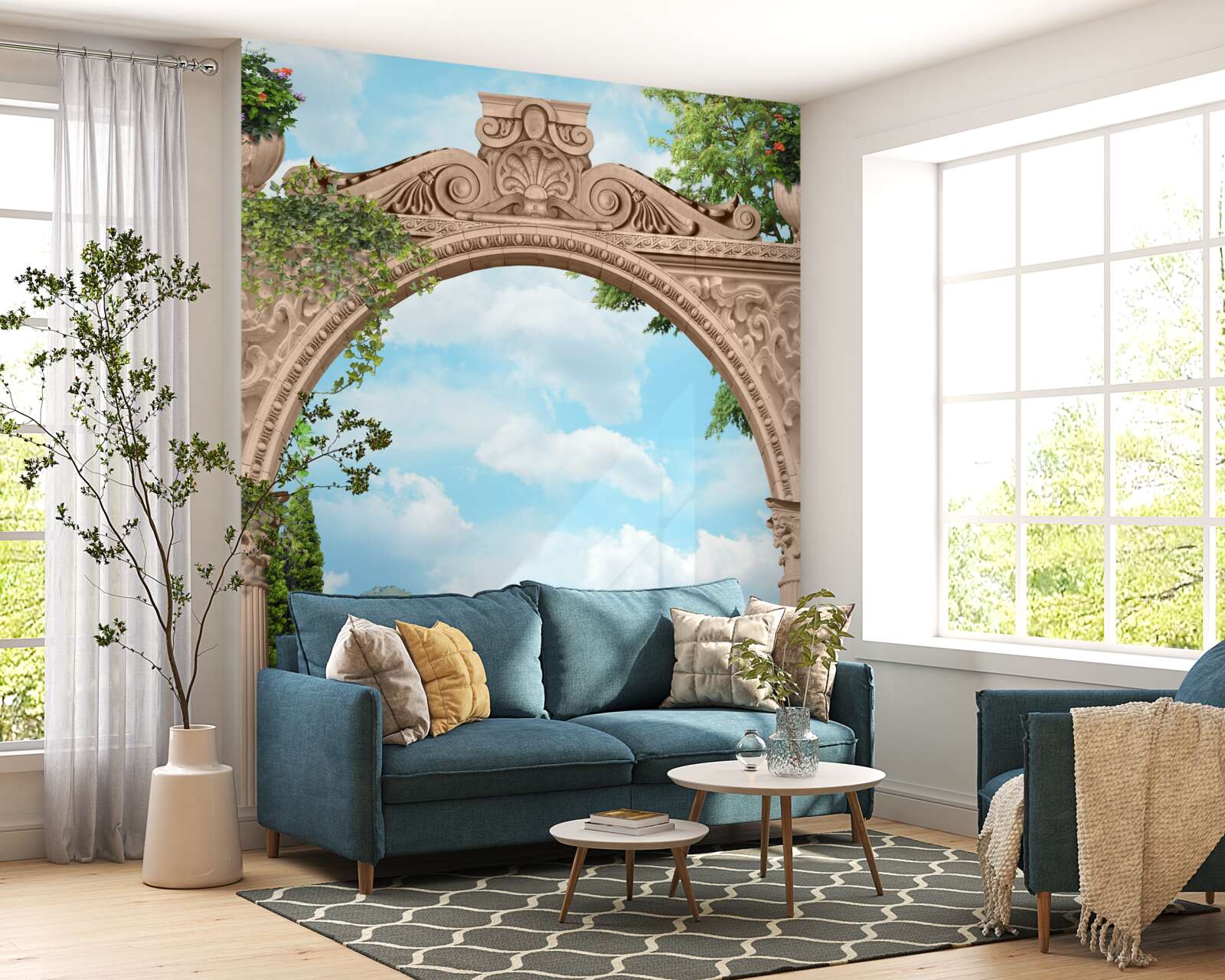 Fototapeta loggia s klenutými dverami a krásnou krajinou