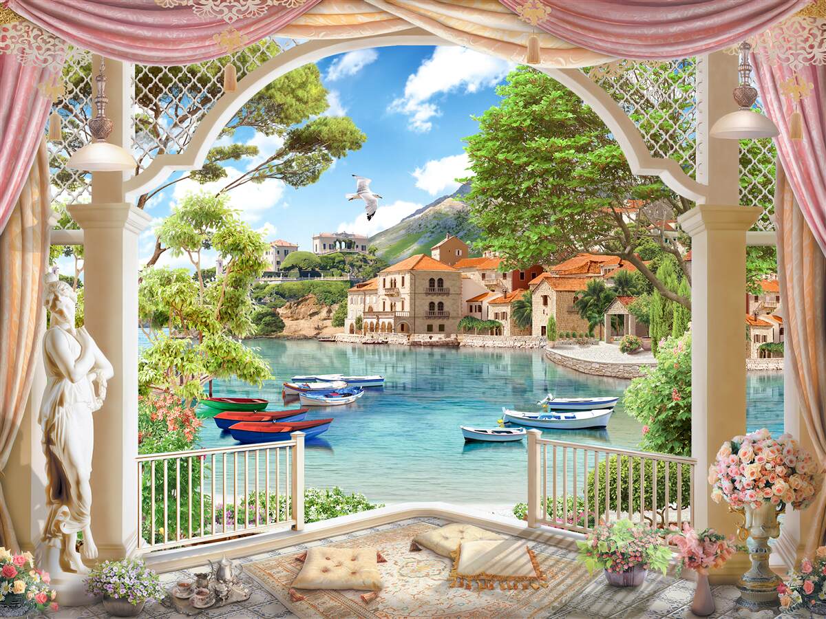 Fototapeta balkón s výhľadom na more a lode