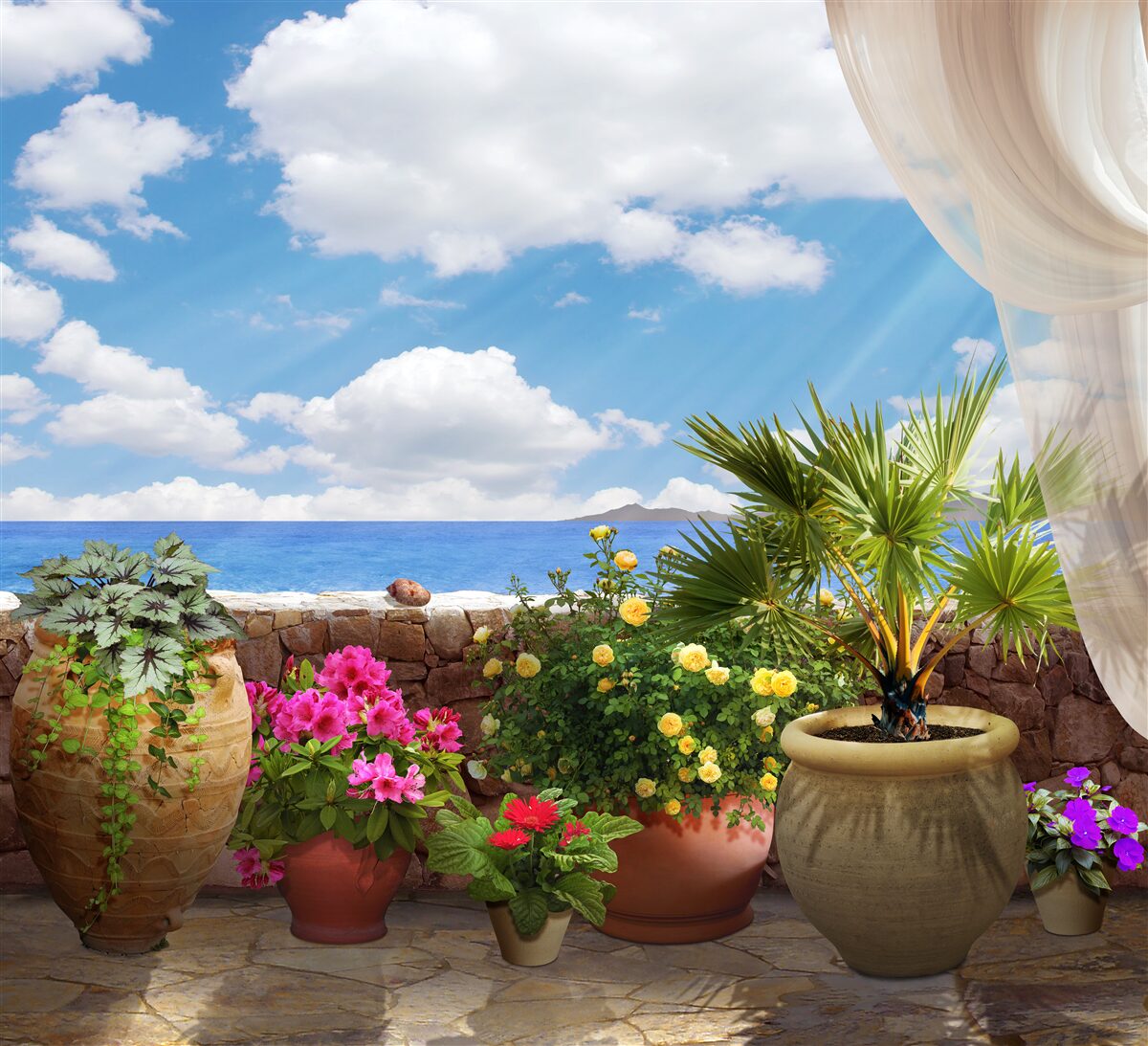 Fototapeta balkón s kvetináčmi