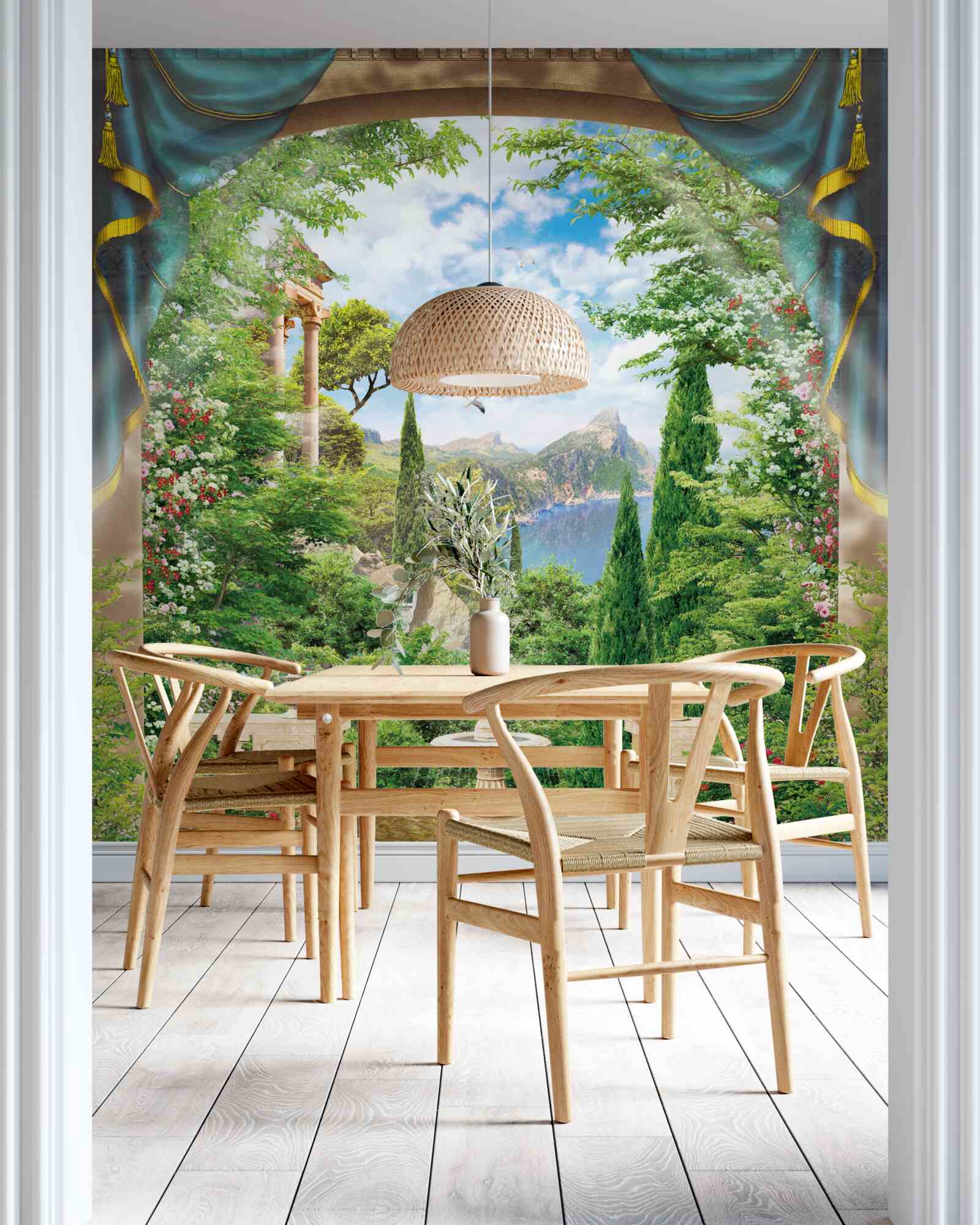 Fototapeta rozkvitnutá záhrada a fontána, z ktorej vyteká prúd vody