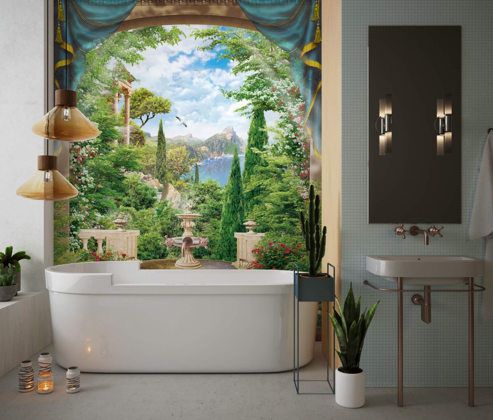 Fototapeta rozkvitnutá záhrada a fontána, z ktorej vyteká prúd vody