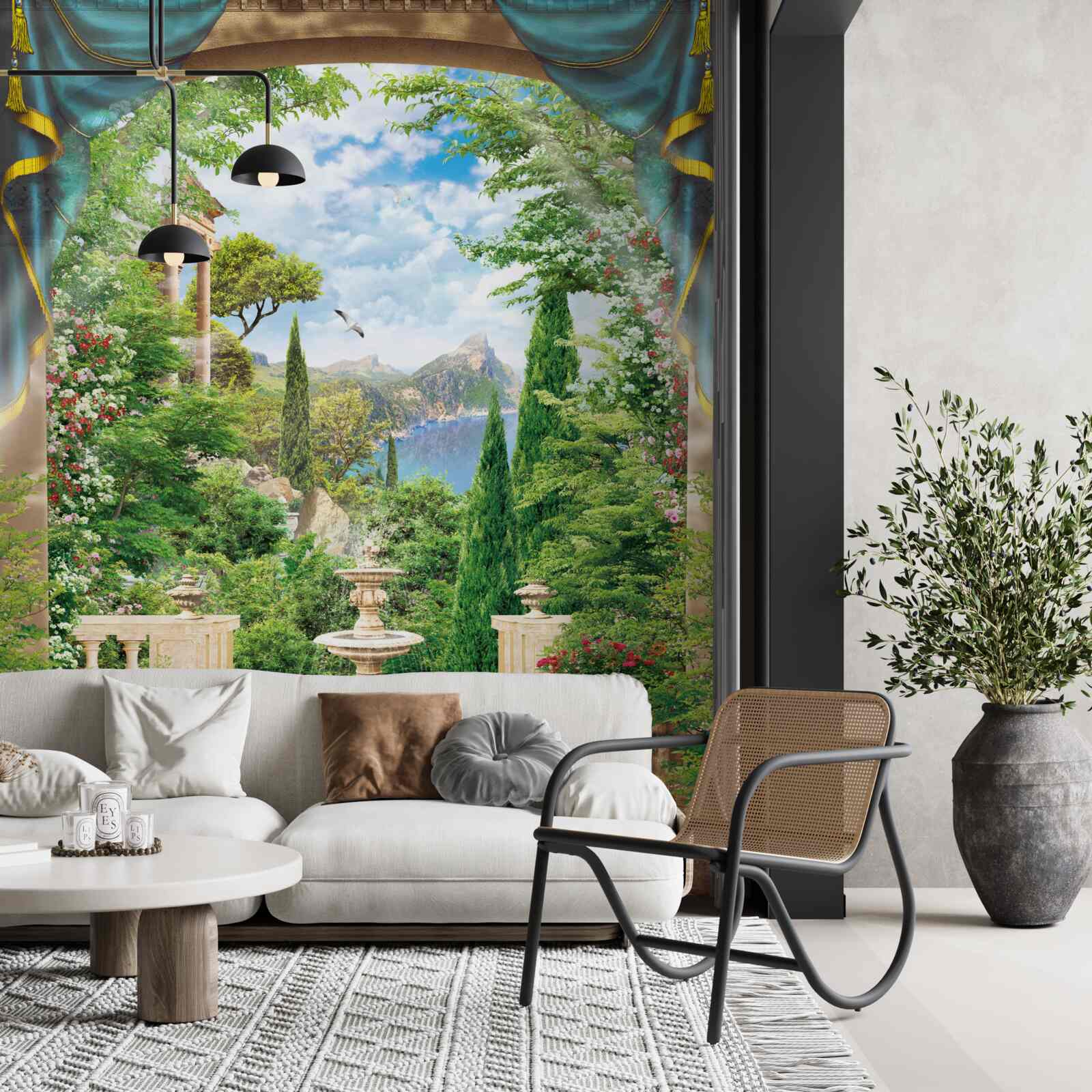 Fototapeta rozkvitnutá záhrada a fontána, z ktorej vyteká prúd vody