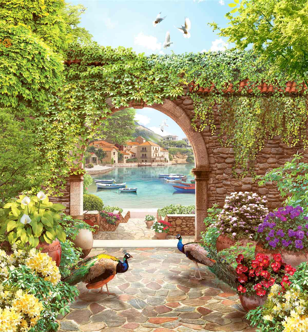 Fototapeta pávy pri kamennom oblúku