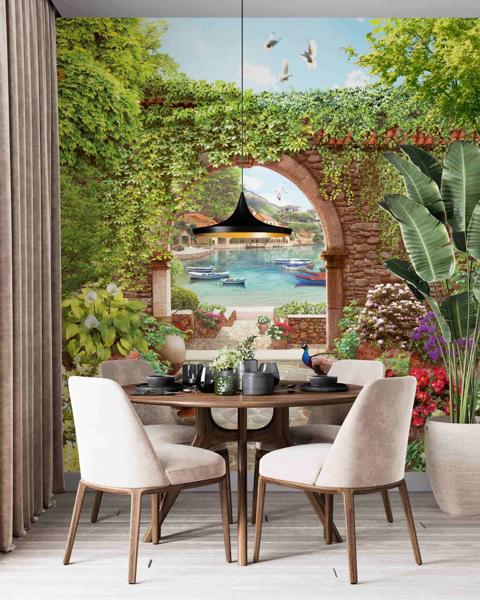 Fototapeta pávy pri kamennom oblúku