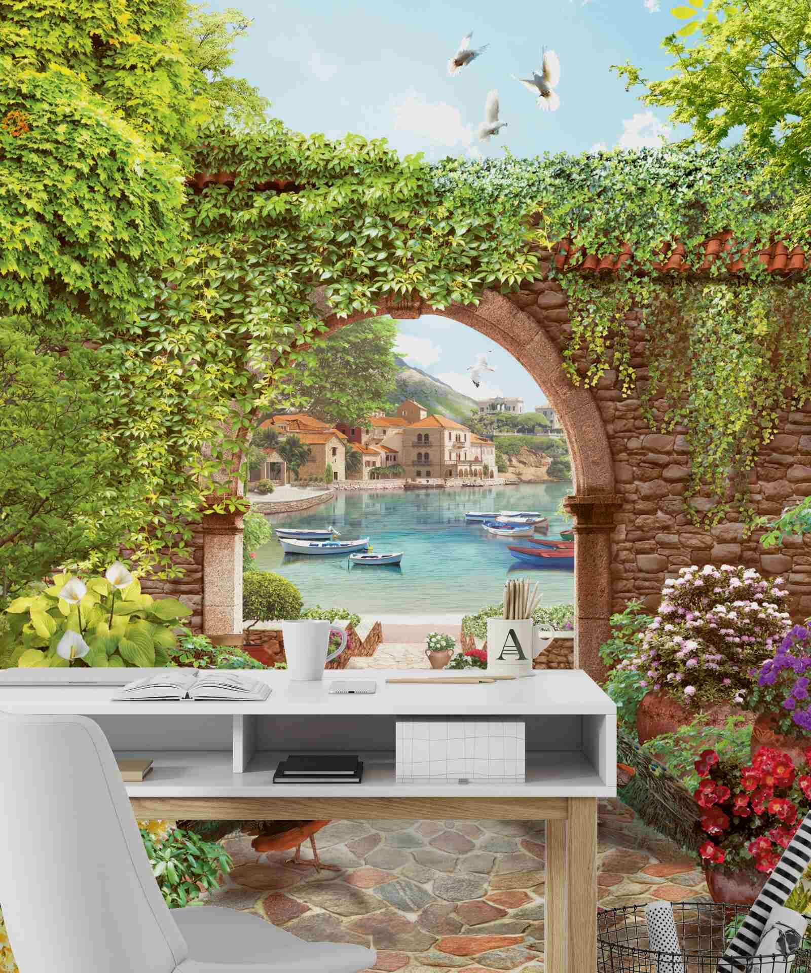 Fototapeta pávy pri kamennom oblúku