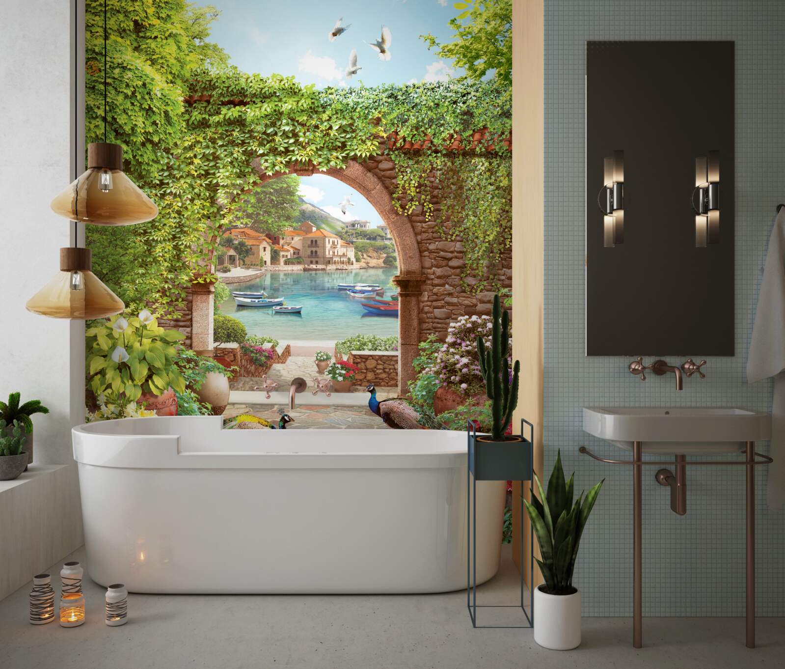 Fototapeta pávy pri kamennom oblúku