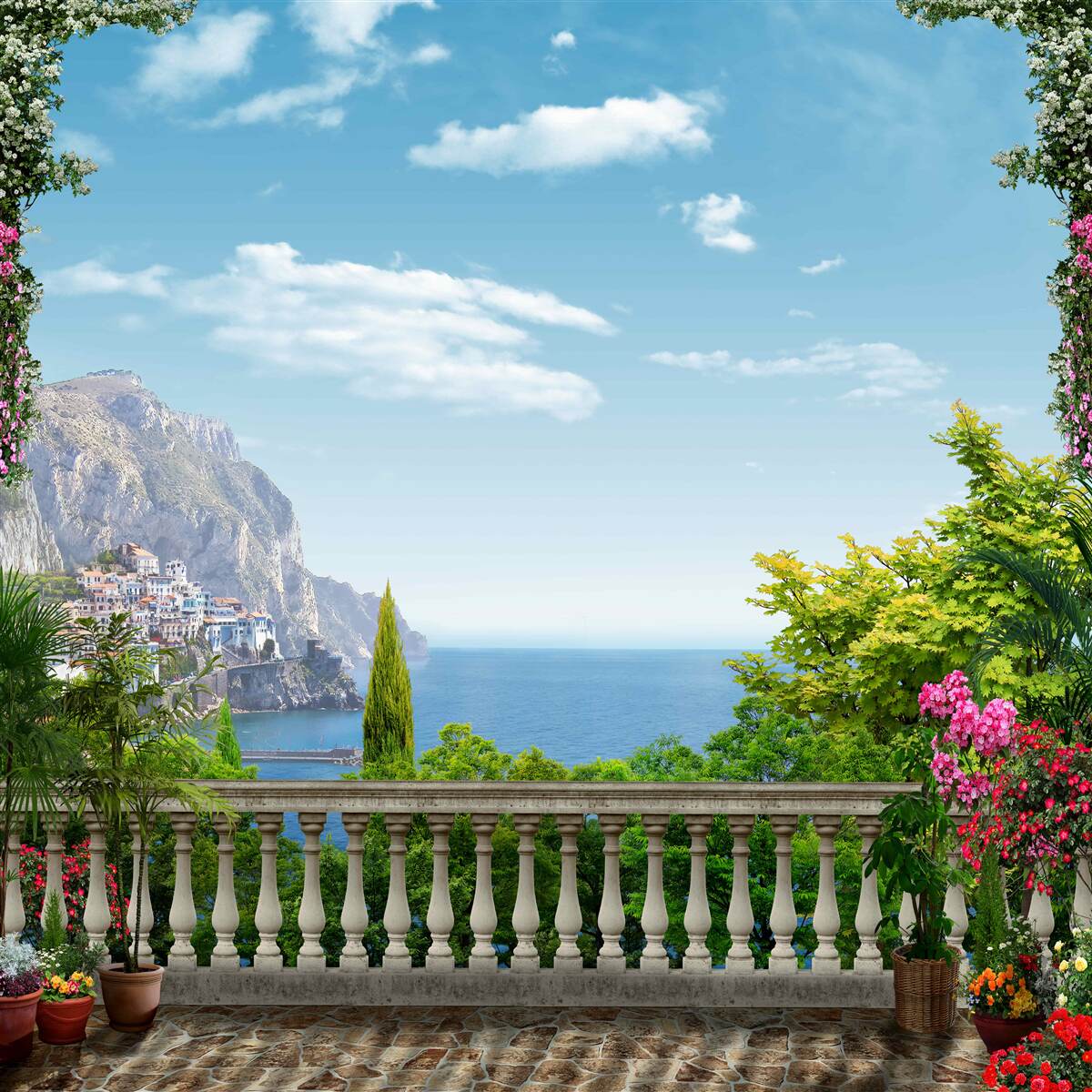 Fototapeta panoráma z balkóna s výhľadom na hory a more