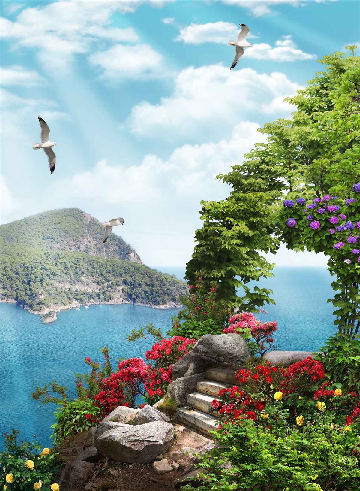 Fototapeta vysadená záhrada s panoramatickým výhľadom na more