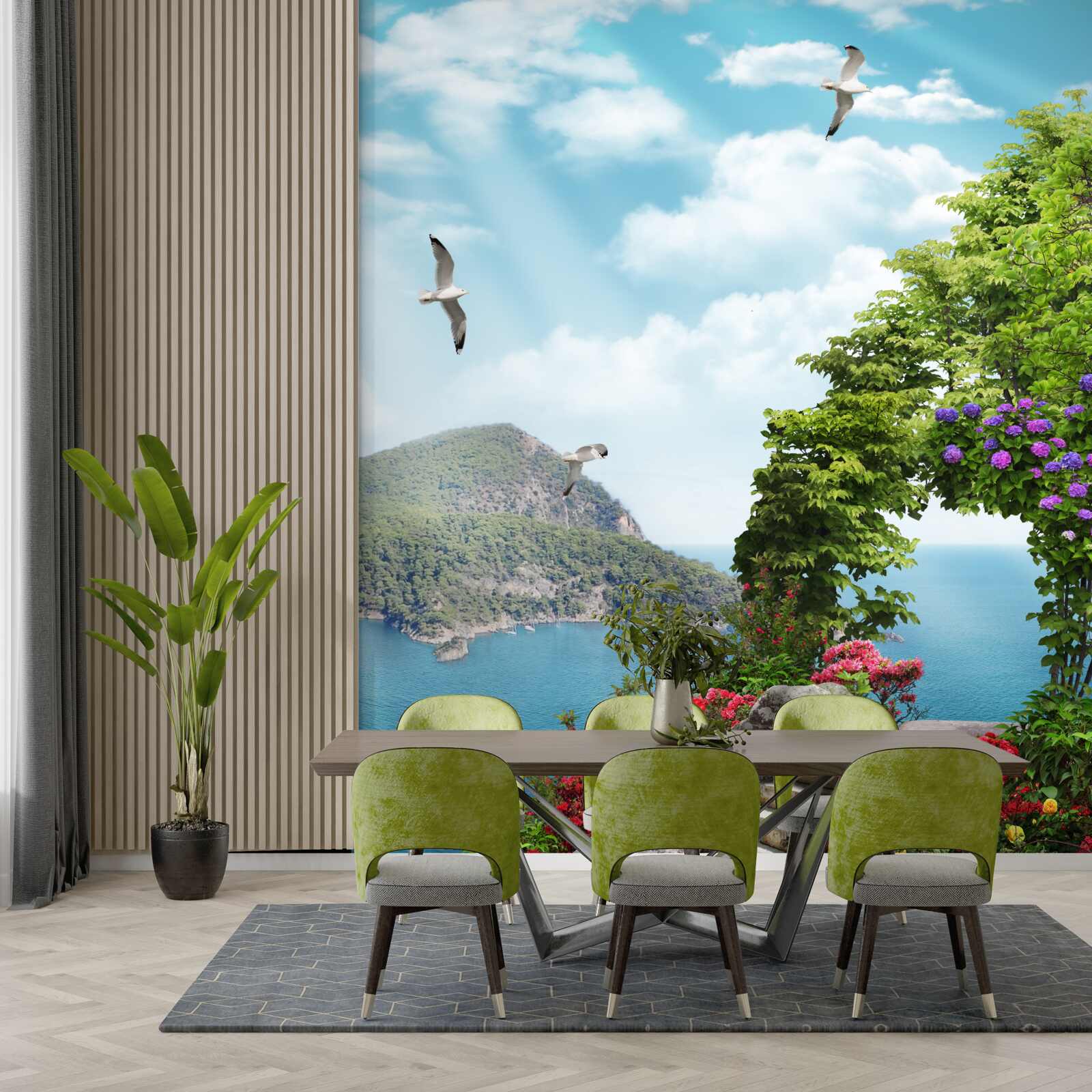 Fototapeta vysadená záhrada s panoramatickým výhľadom na more