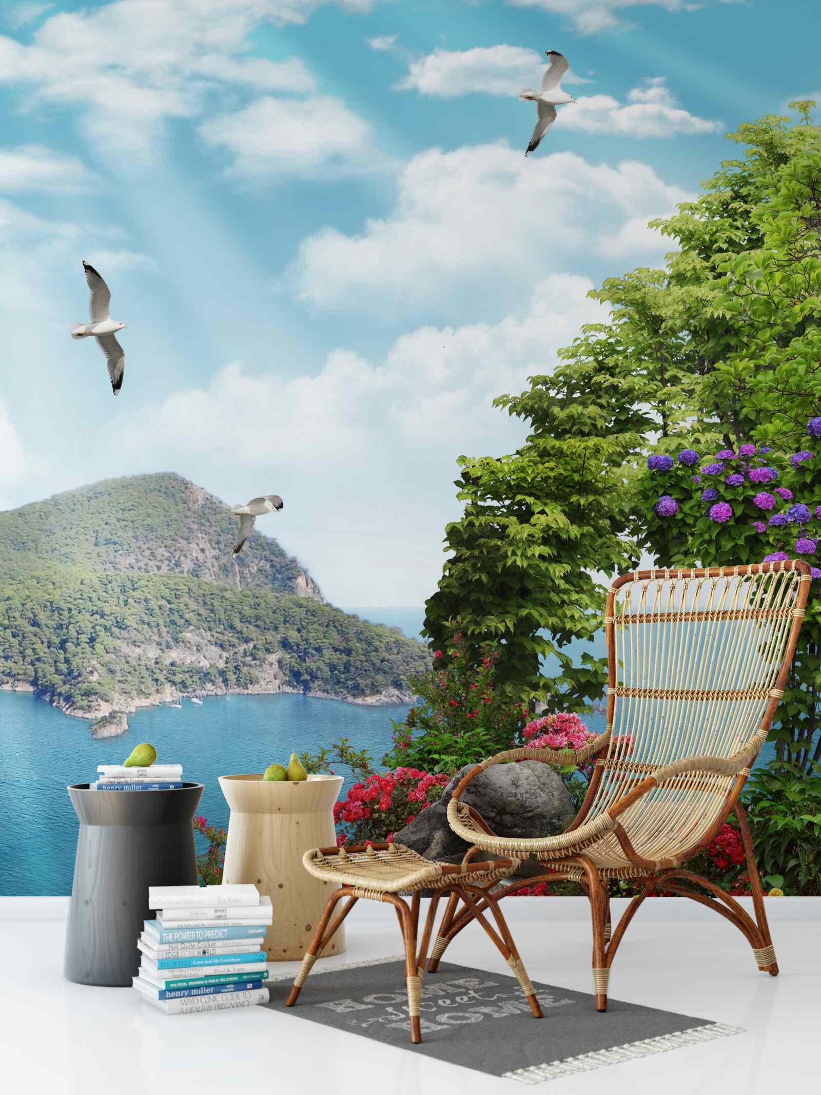 Fototapeta vysadená záhrada s panoramatickým výhľadom na more