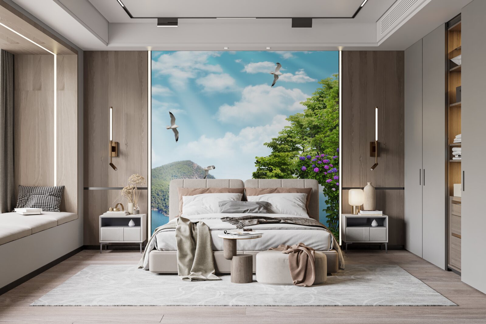 Fototapeta vysadená záhrada s panoramatickým výhľadom na more