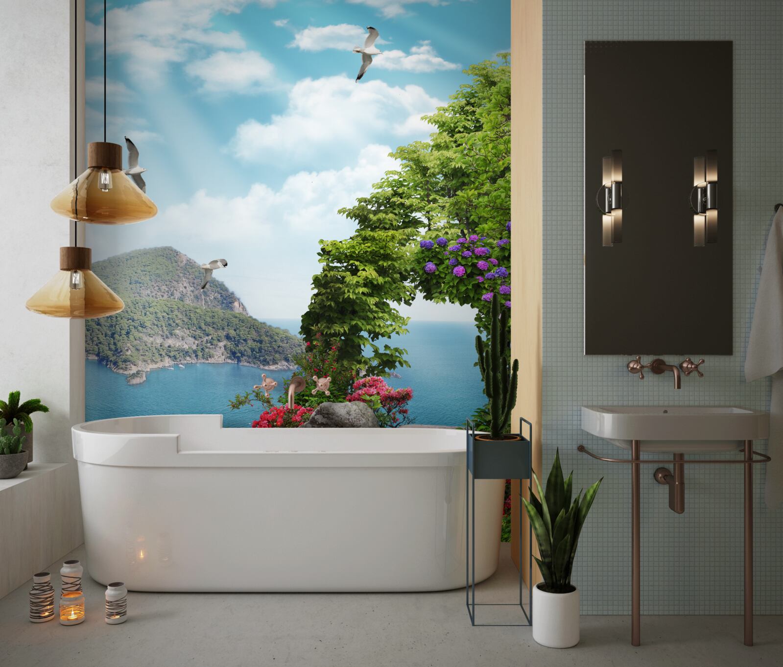 Fototapeta vysadená záhrada s panoramatickým výhľadom na more