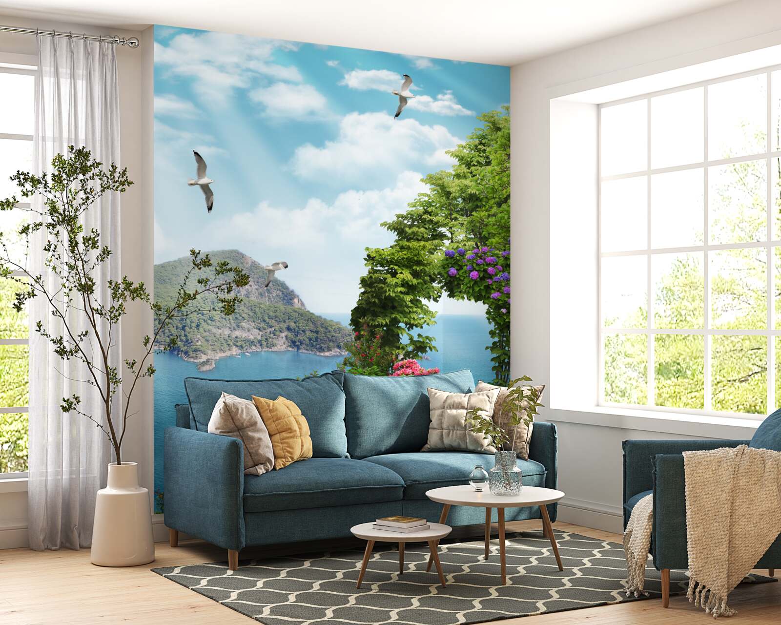 Fototapeta vysadená záhrada s panoramatickým výhľadom na more