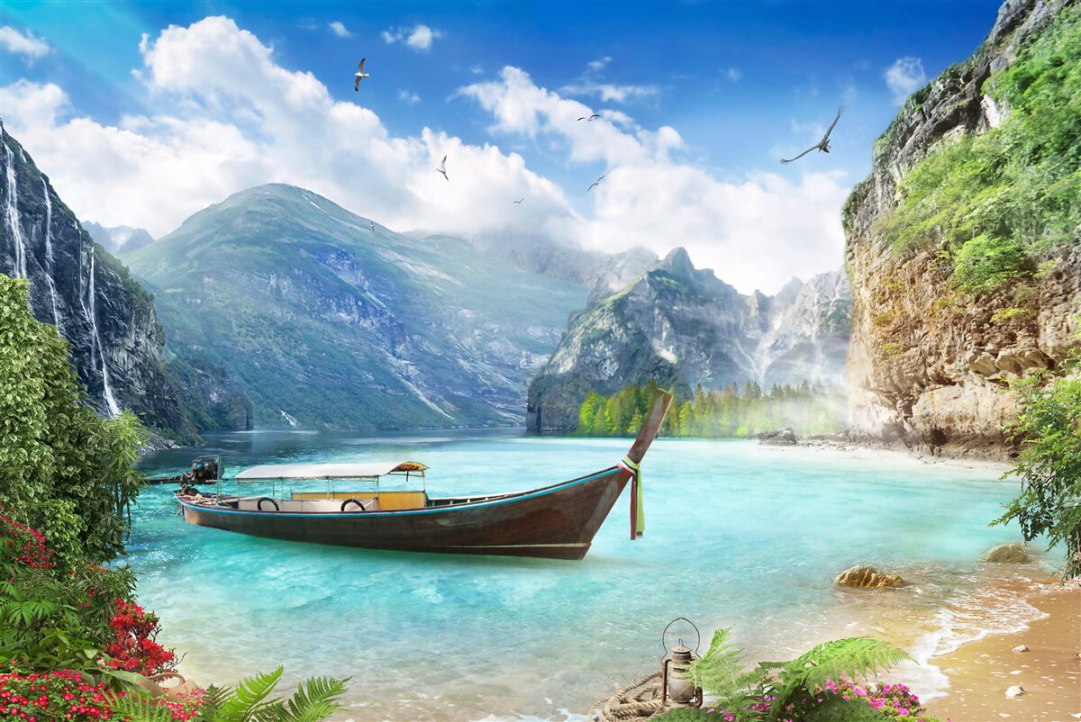 Fototapeta loď na jazere v horách