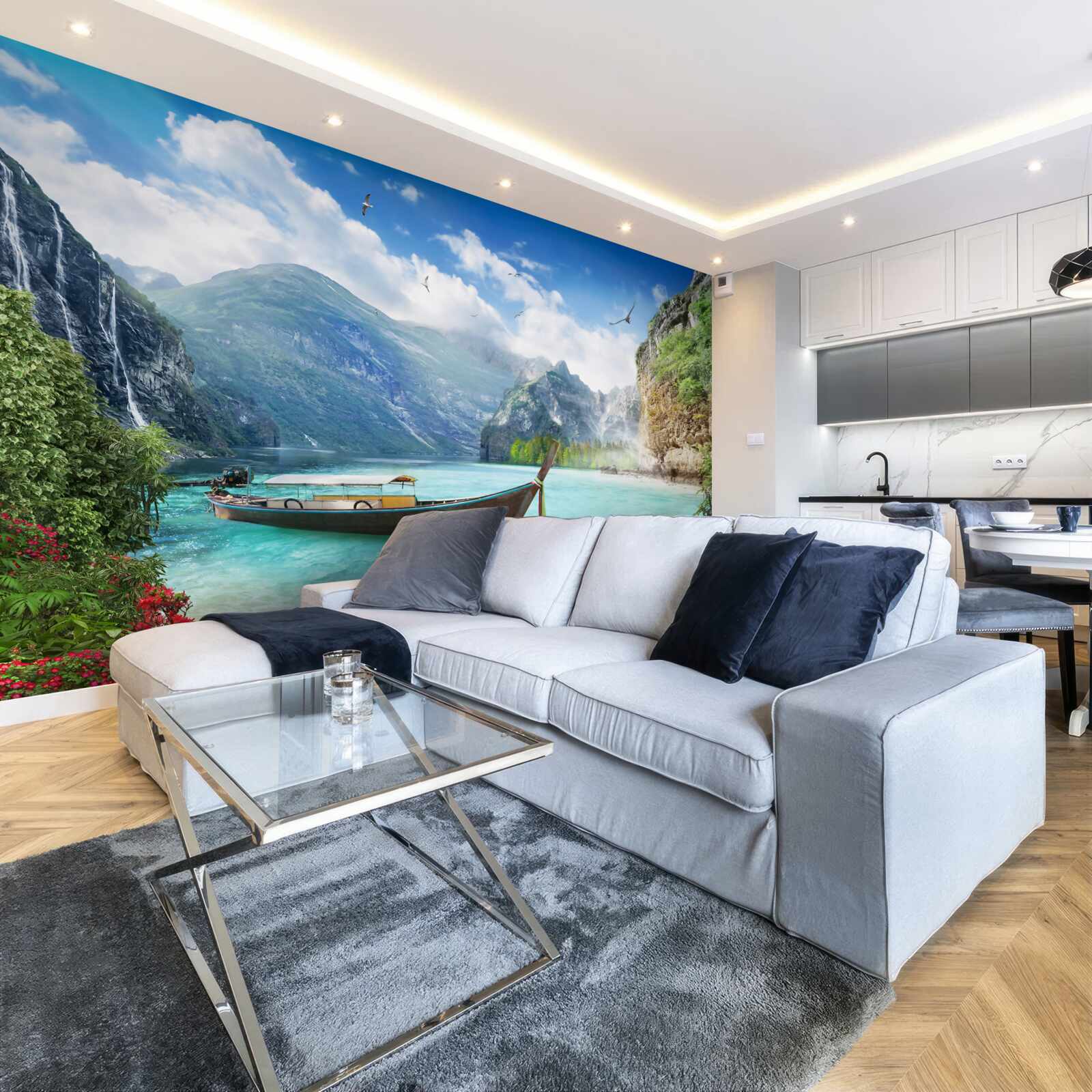 Fototapeta loď na jazere v horách