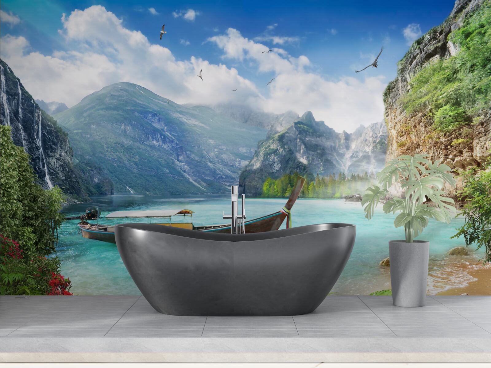 Fototapeta loď na jazere v horách