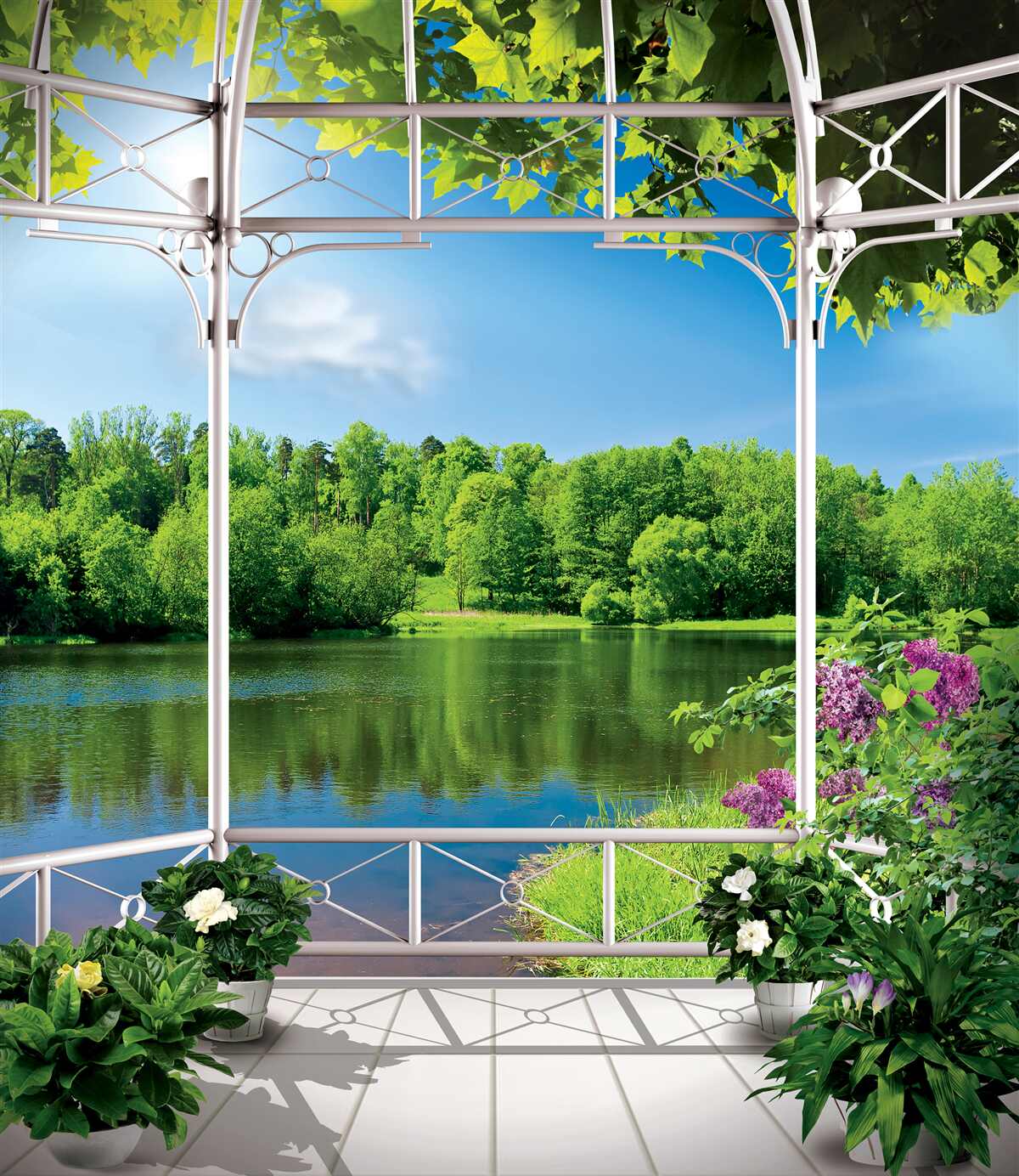 Fototapeta pavilón s rastlinami pri jazierku