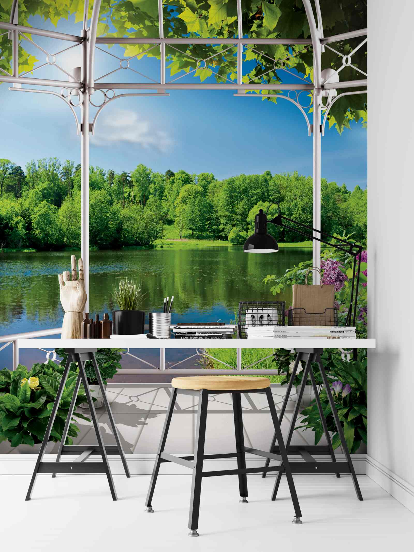 Fototapeta pavilón s rastlinami pri jazierku