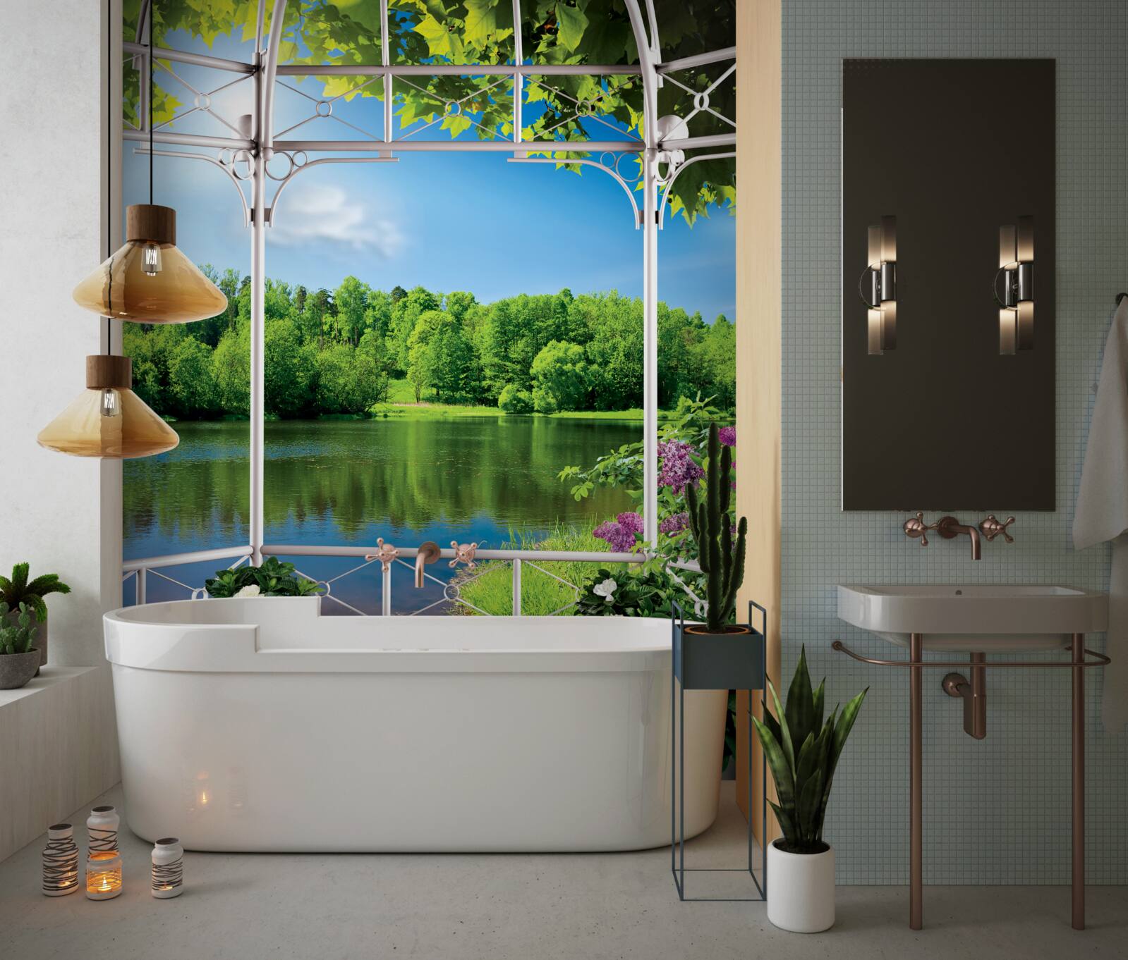 Fototapeta pavilón s rastlinami pri jazierku